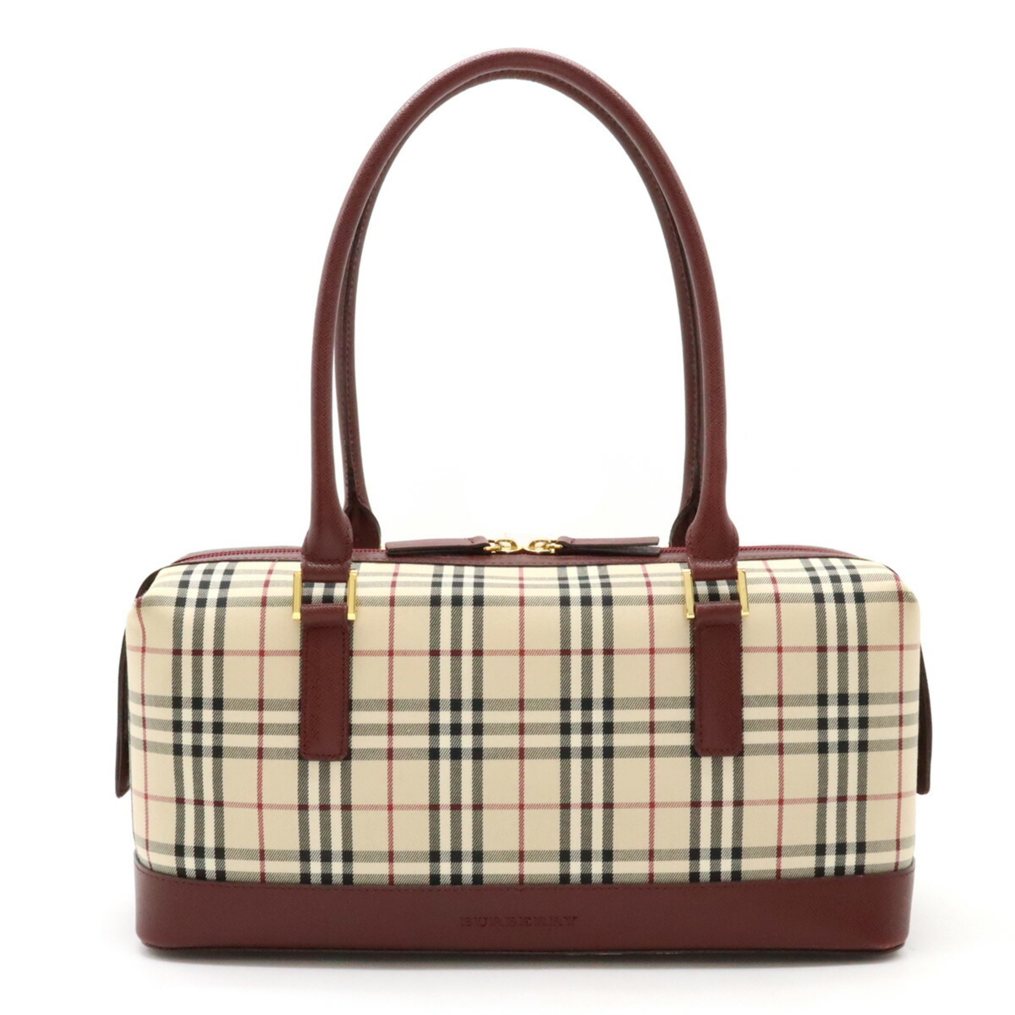 BURBERRY Nova Check Pattern Handbag Boston Canvas Leather Beige Bordeaux Red