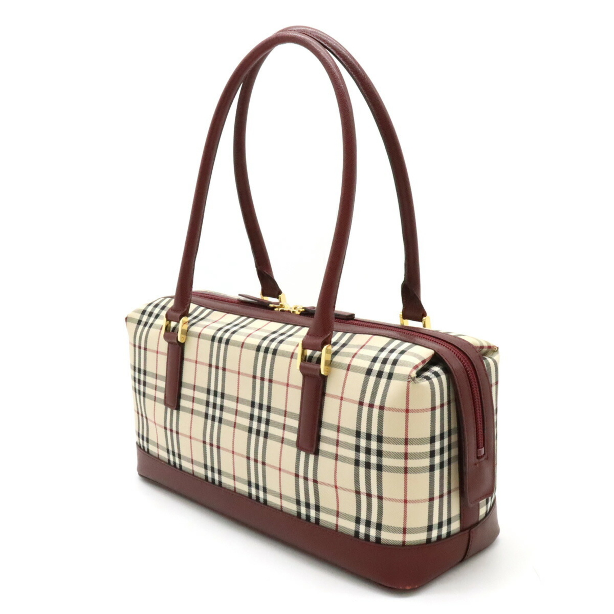 BURBERRY Nova Check Pattern Handbag Boston Canvas Leather Beige Bordeaux Red