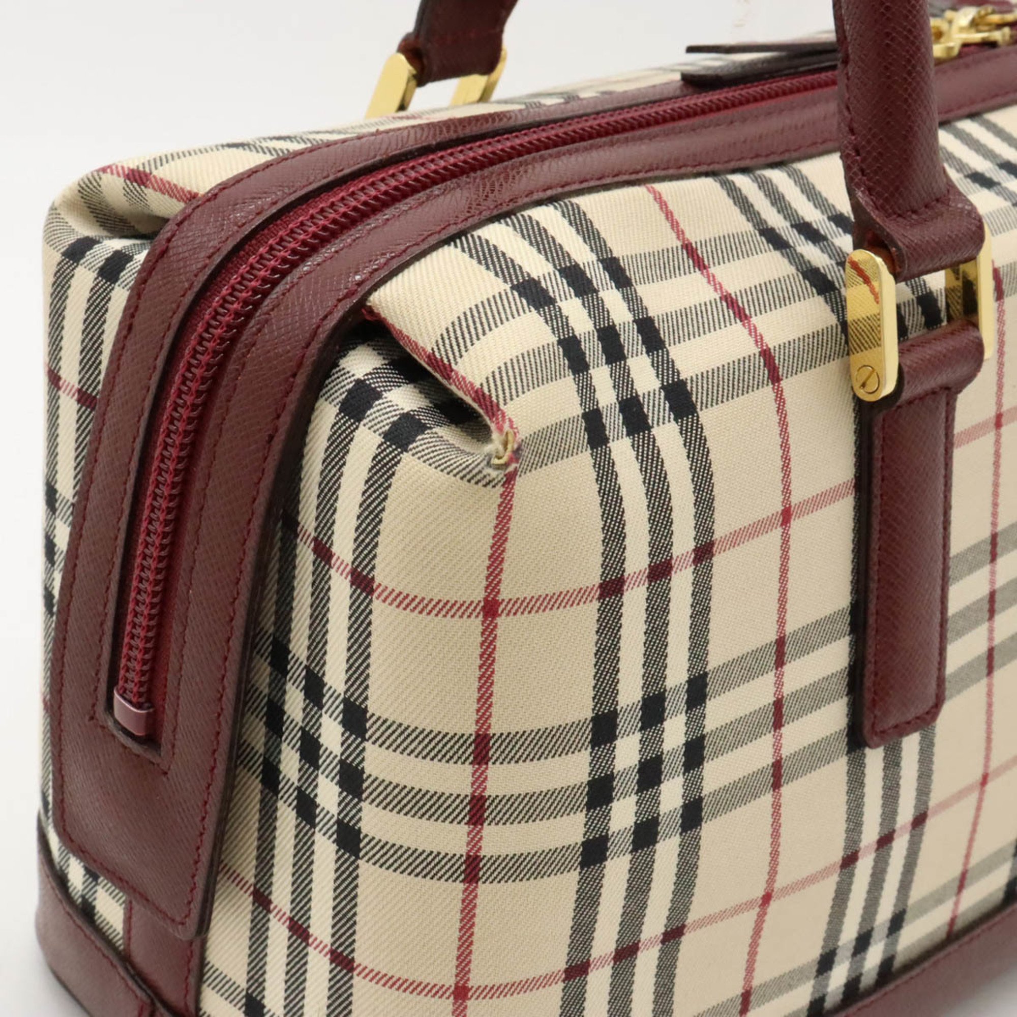 BURBERRY Nova Check Pattern Handbag Boston Canvas Leather Beige Bordeaux Red