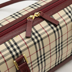 BURBERRY Nova Check Pattern Handbag Boston Canvas Leather Beige Bordeaux Red