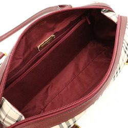 BURBERRY Nova Check Pattern Handbag Boston Canvas Leather Beige Bordeaux Red