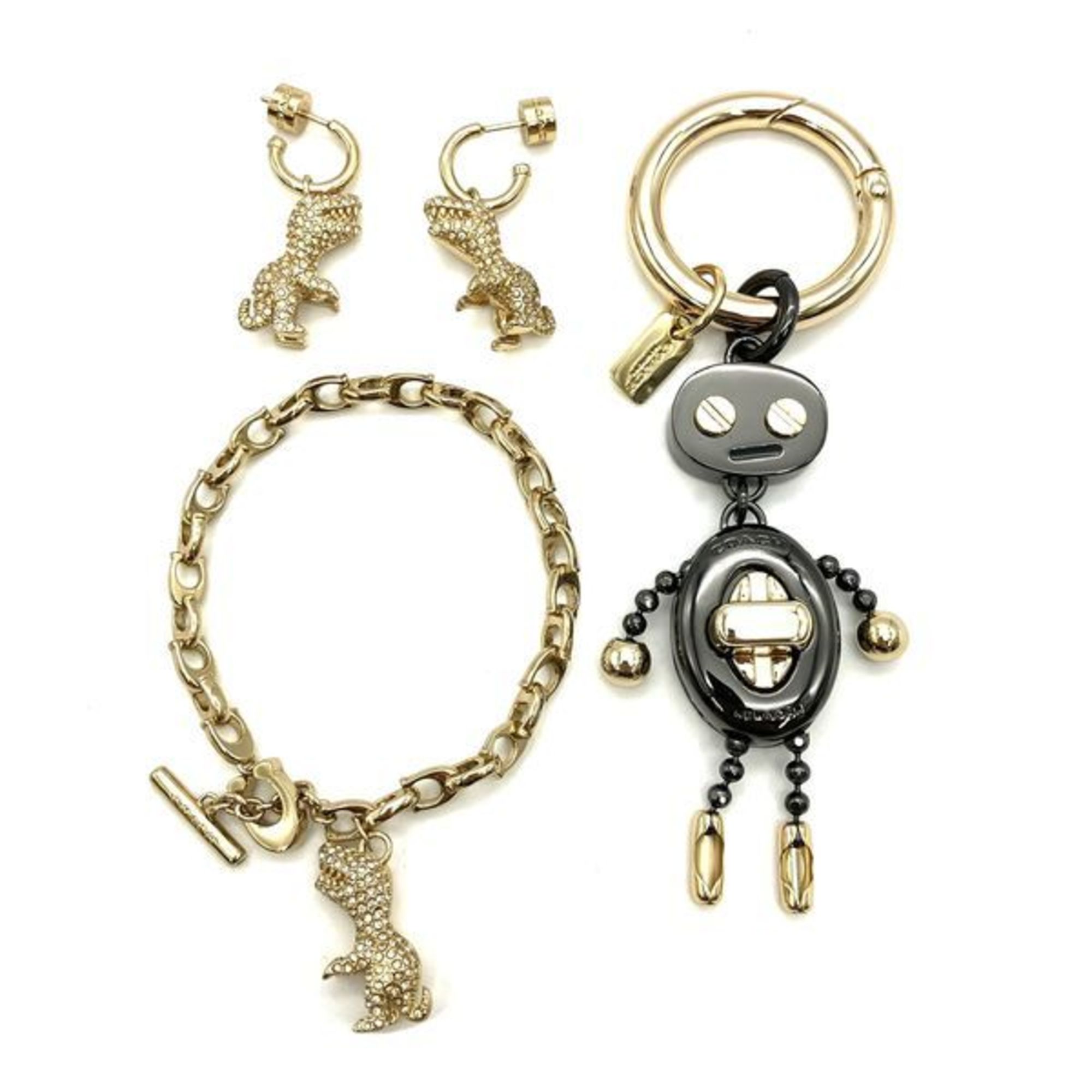 COACH 3-piece set: Pavé Lexi bracelet, Huggie earrings, robot charm, gold