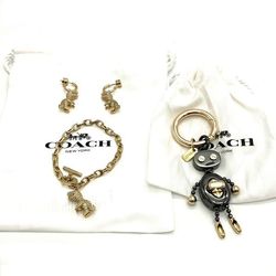 COACH 3-piece set: Pavé Lexi bracelet, Huggie earrings, robot charm, gold