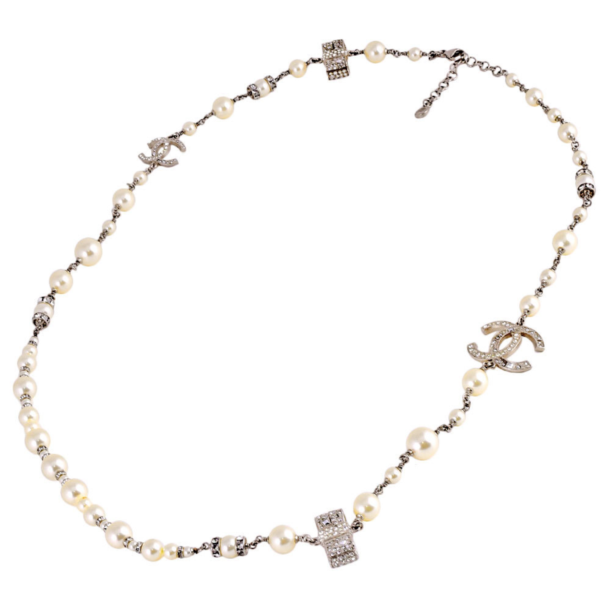 CHANEL Long Necklace Faux Pearl Metal Coco Mark 13B 88cm 72.5g Women's