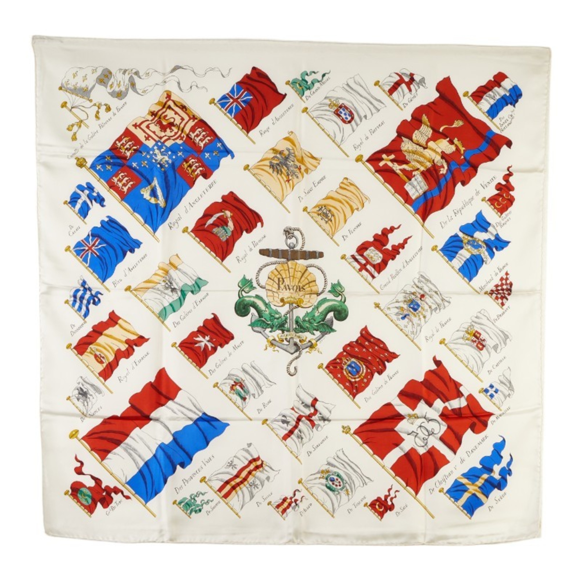 Hermes Carre 90 PAVOIS Ship's Flag Scarf Muffler White Multicolor Silk Women's HERMES