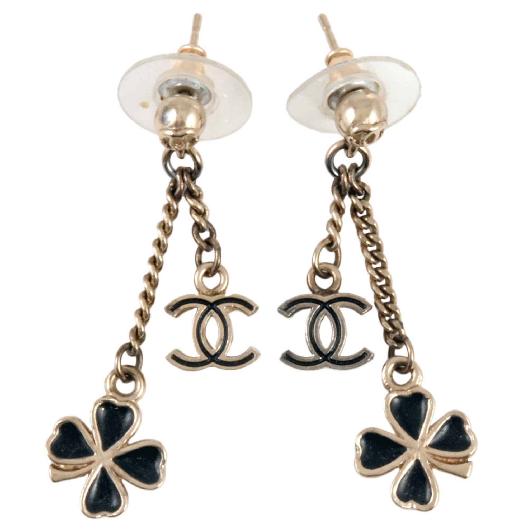 CHANEL Swing Earrings Metal Black E12A Coco Mark Clover Women's