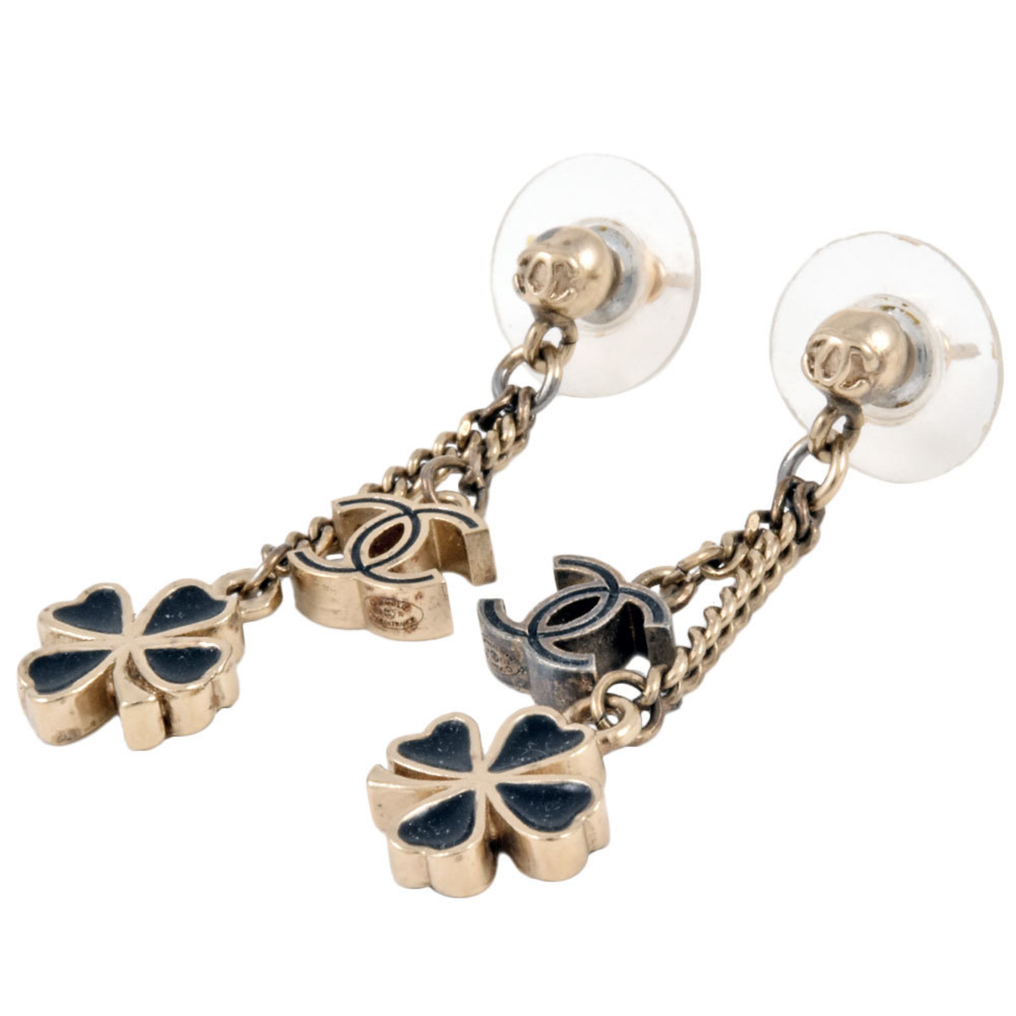 CHANEL Swing Earrings Metal Black E12A Coco Mark Clover Women's