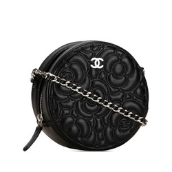 Chanel Camellia Round Chain Pochette Shoulder Bag Black Leather Women's CHANEL