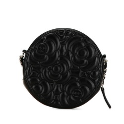 Chanel Camellia Round Chain Pochette Shoulder Bag Black Leather Women's CHANEL