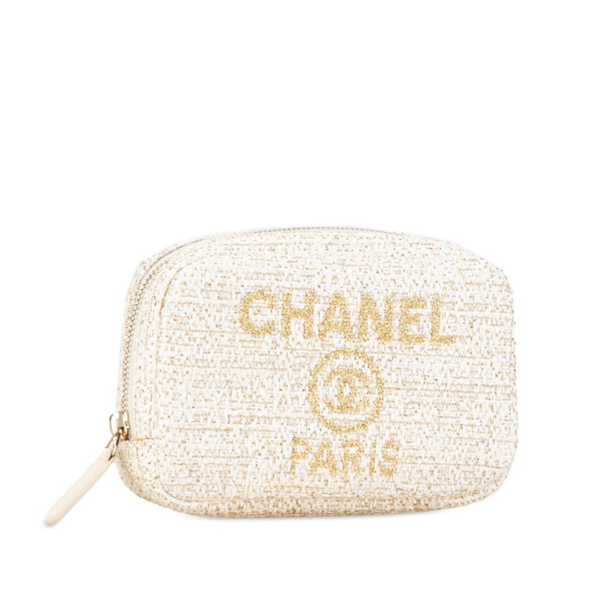 CHANEL Deauville Pouch White Gold Tweed Women's