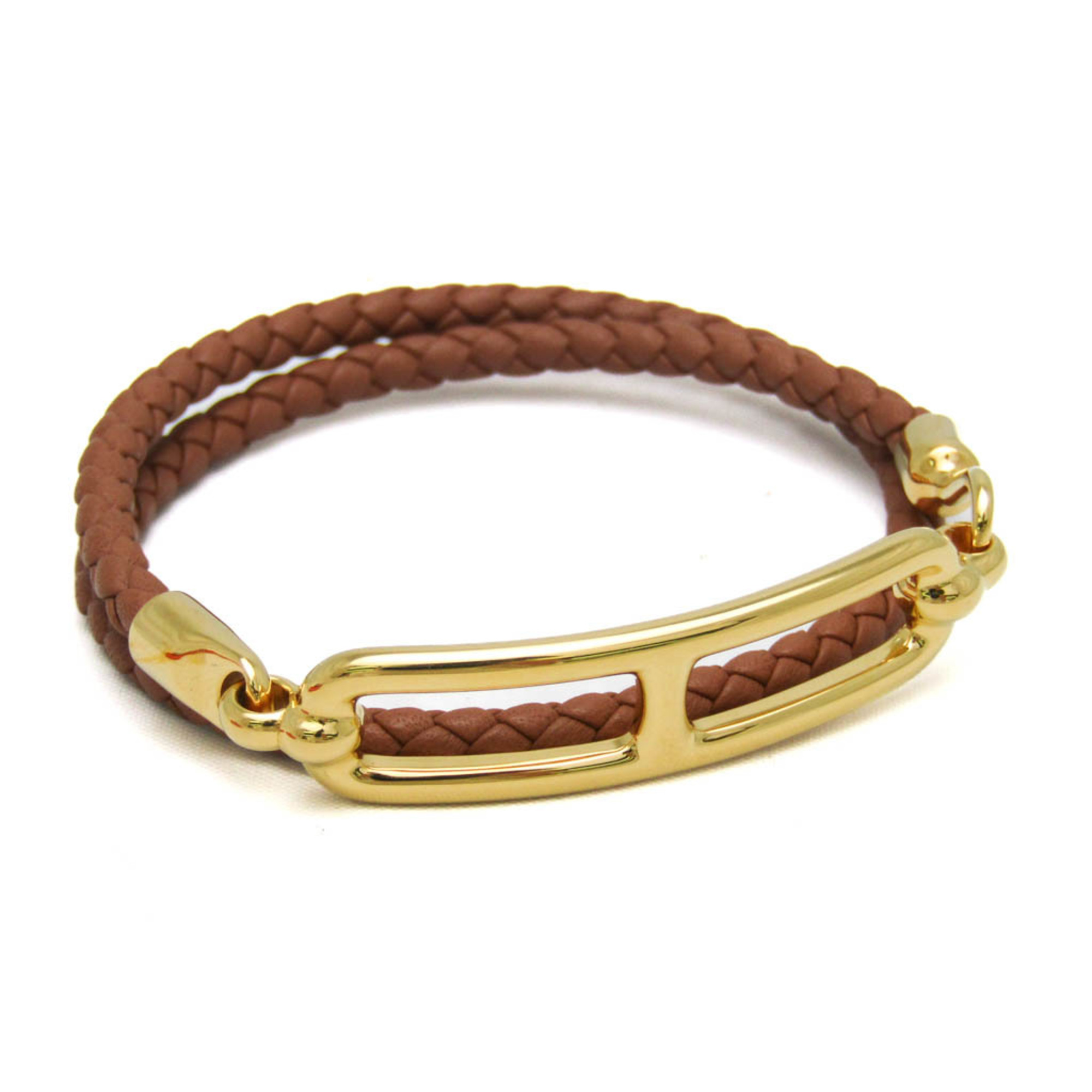 Hermes Lury Doubletour Leather,Metal Charm Bracelet Gold,Light Brown