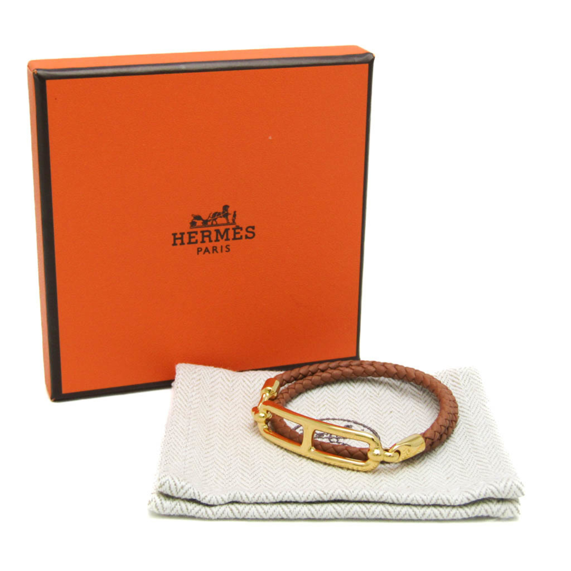 Hermes Lury Doubletour Leather,Metal Charm Bracelet Gold,Light Brown