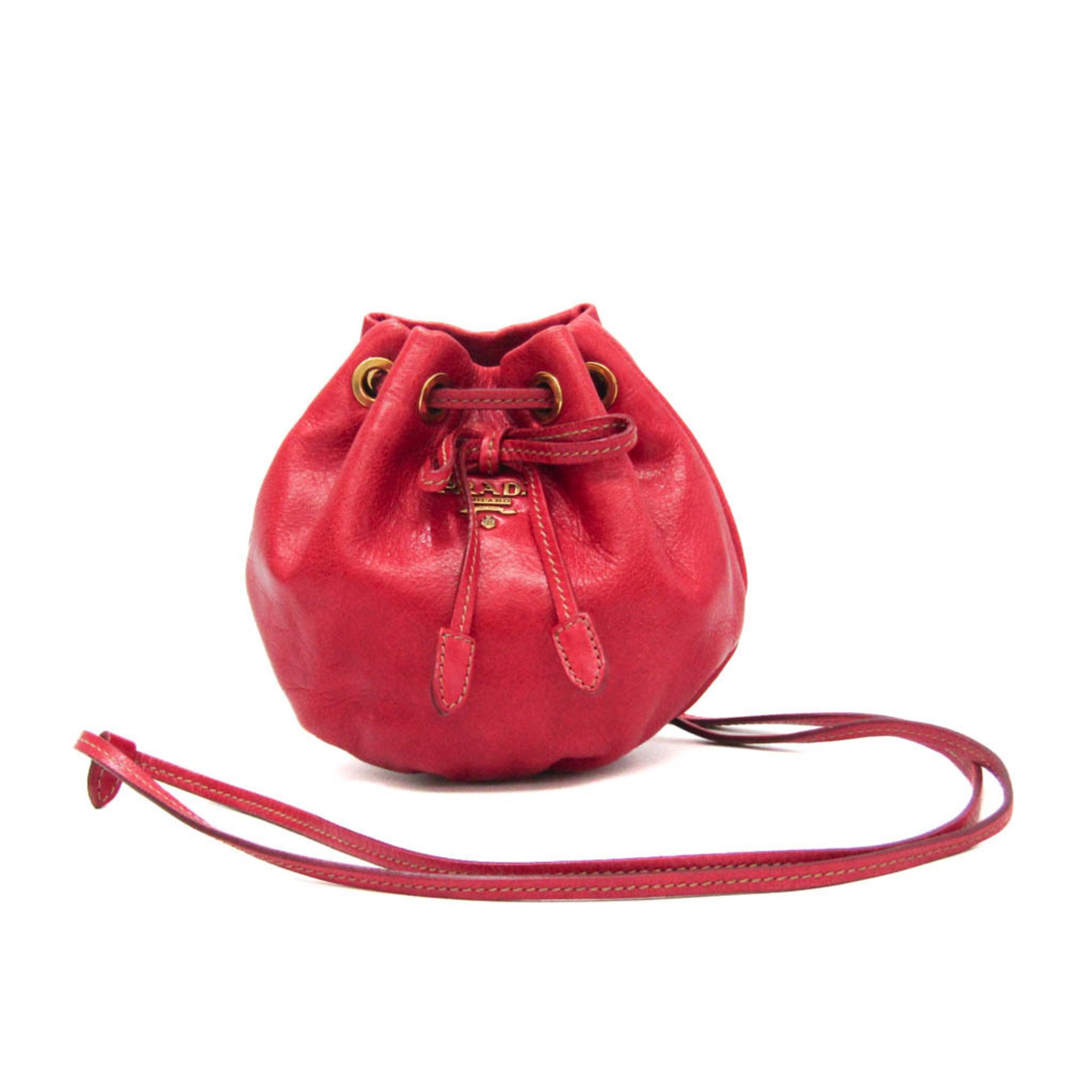 Prada Drawstring Mini Shoulder Pouch Women's Leather Shoulder Bag Red Color