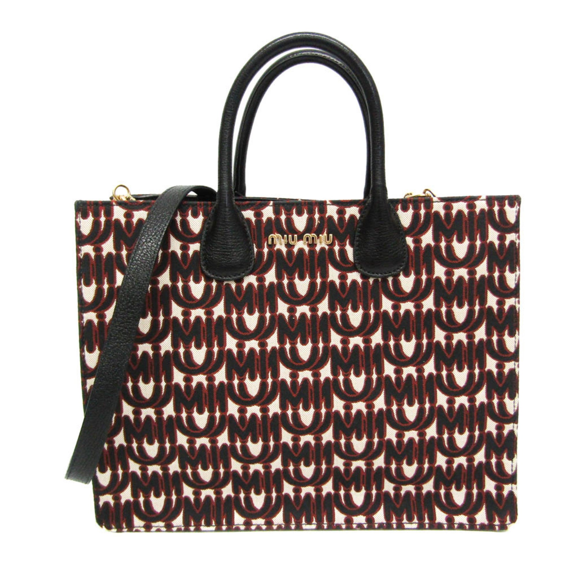 Miu Miu Madras Full Logo Women's Leather,Jacquard Shoulder Bag,Tote Bag Black,Brown,Cream