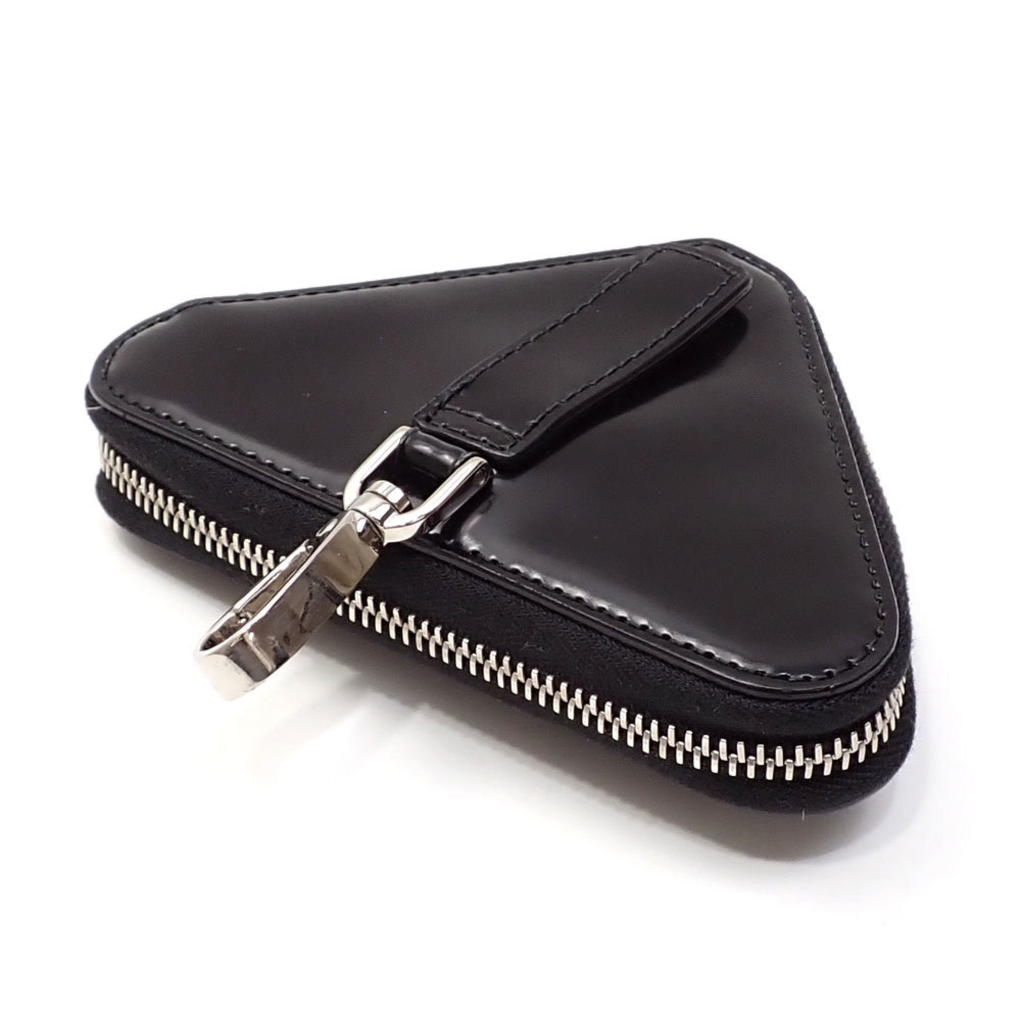 Prada Coin Case Triangle Pouch Women's Black Leather 1TL433 Purse Enamel A213990