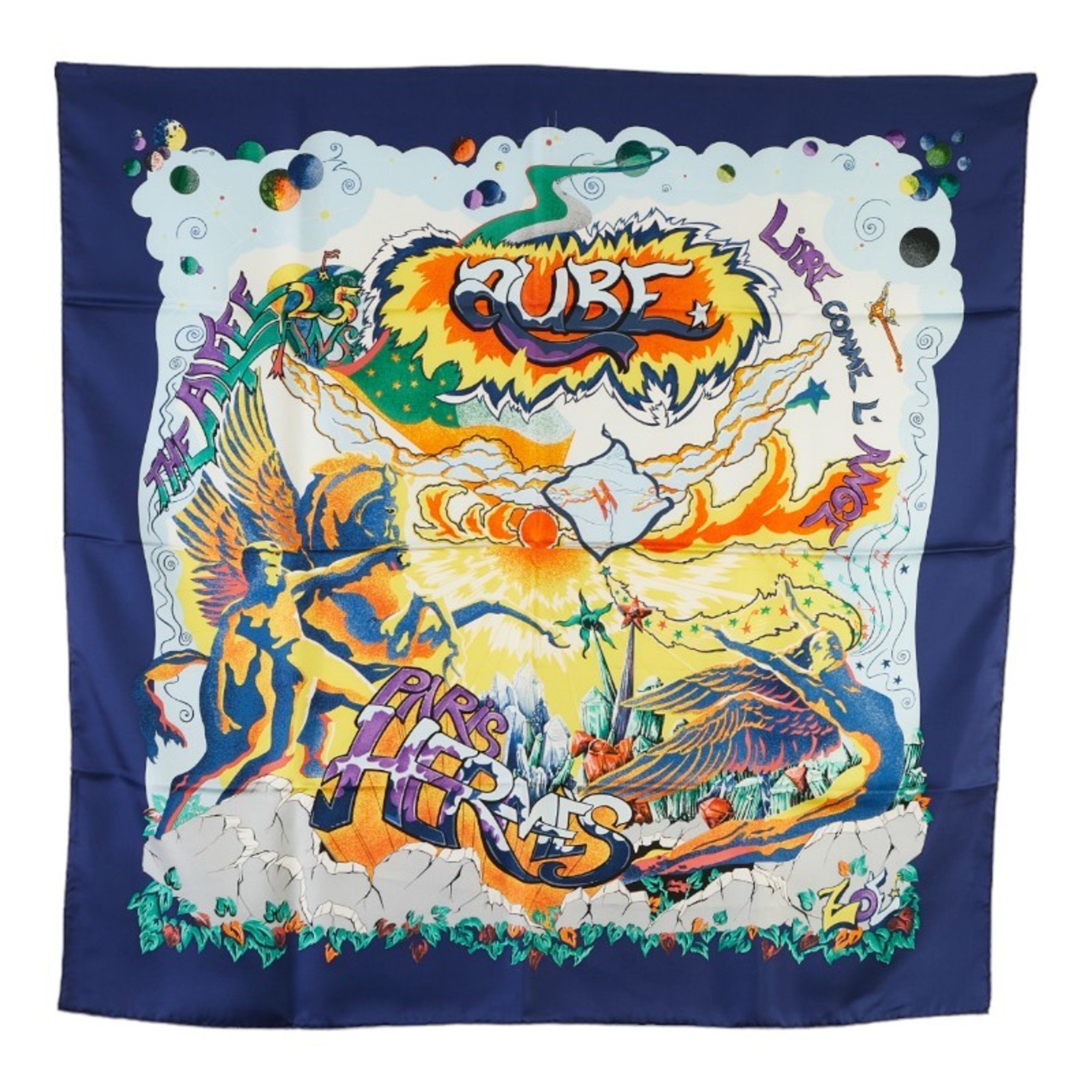 Hermes Carre 90 THE ALFEE AUBE LIBRE COMME L' ANGE Yoake Alfie Collaboration 25th Anniversary Scarf Muffler Navy Multicolor Silk Women's HERMES