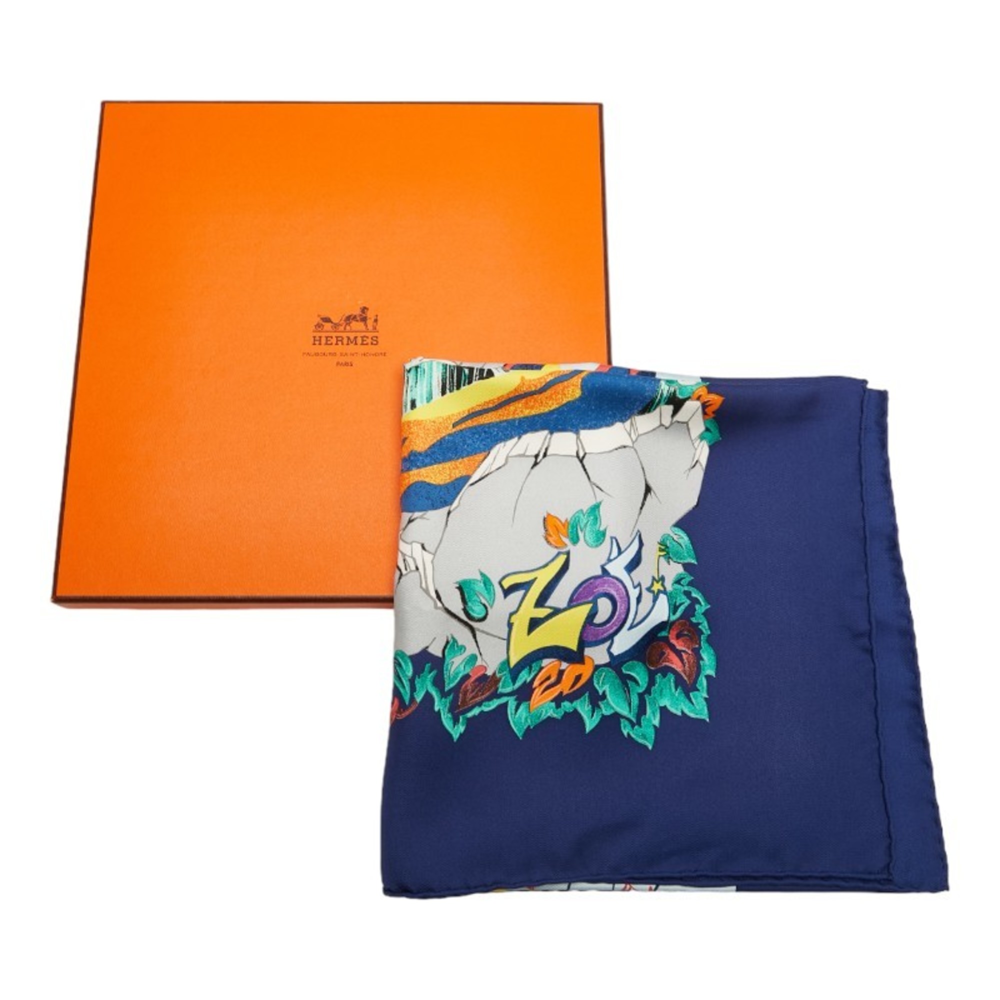 Hermes Carre 90 THE ALFEE AUBE LIBRE COMME L' ANGE Yoake Alfie Collaboration 25th Anniversary Scarf Muffler Navy Multicolor Silk Women's HERMES