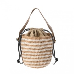 Chloé Chloe Woody Small Bucket Black/White/Beige Women's Nylon Raffia Leather Shoulder Bag