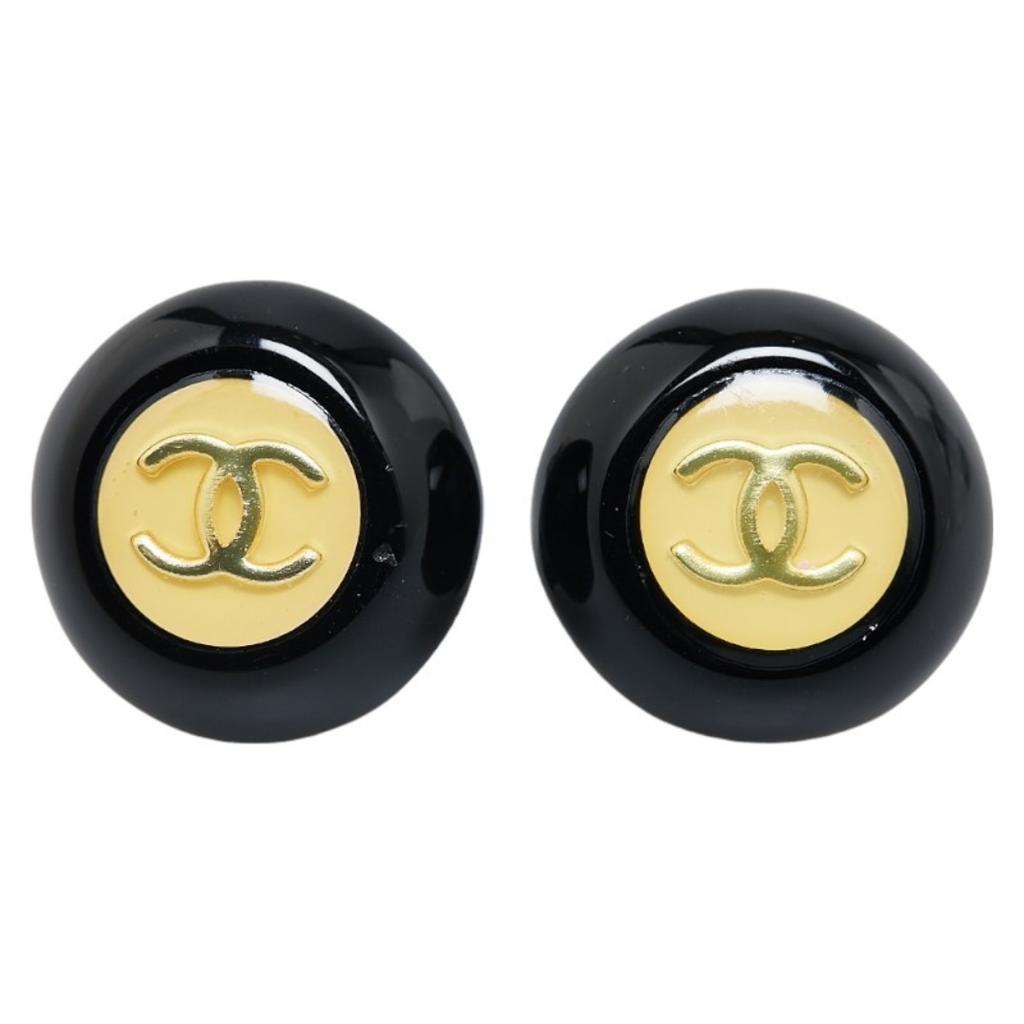 Chanel Coco Mark Round Earrings Black Gold Plastic Women's CHANEL