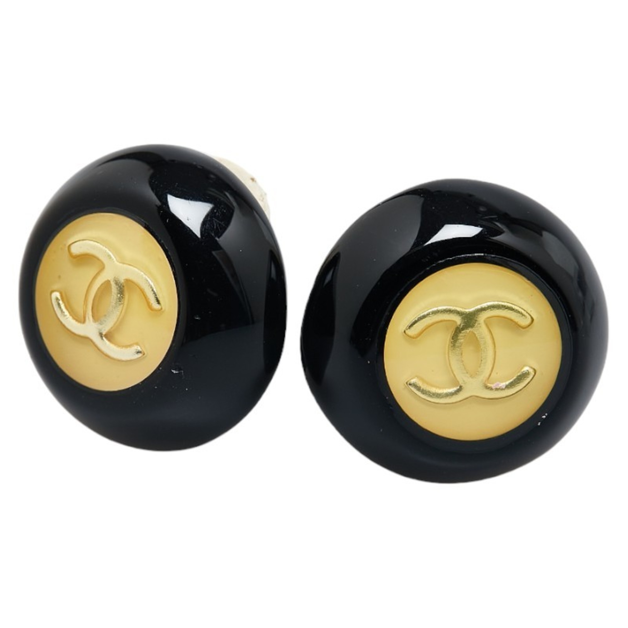 Chanel Coco Mark Round Earrings Black Gold Plastic Women's CHANEL