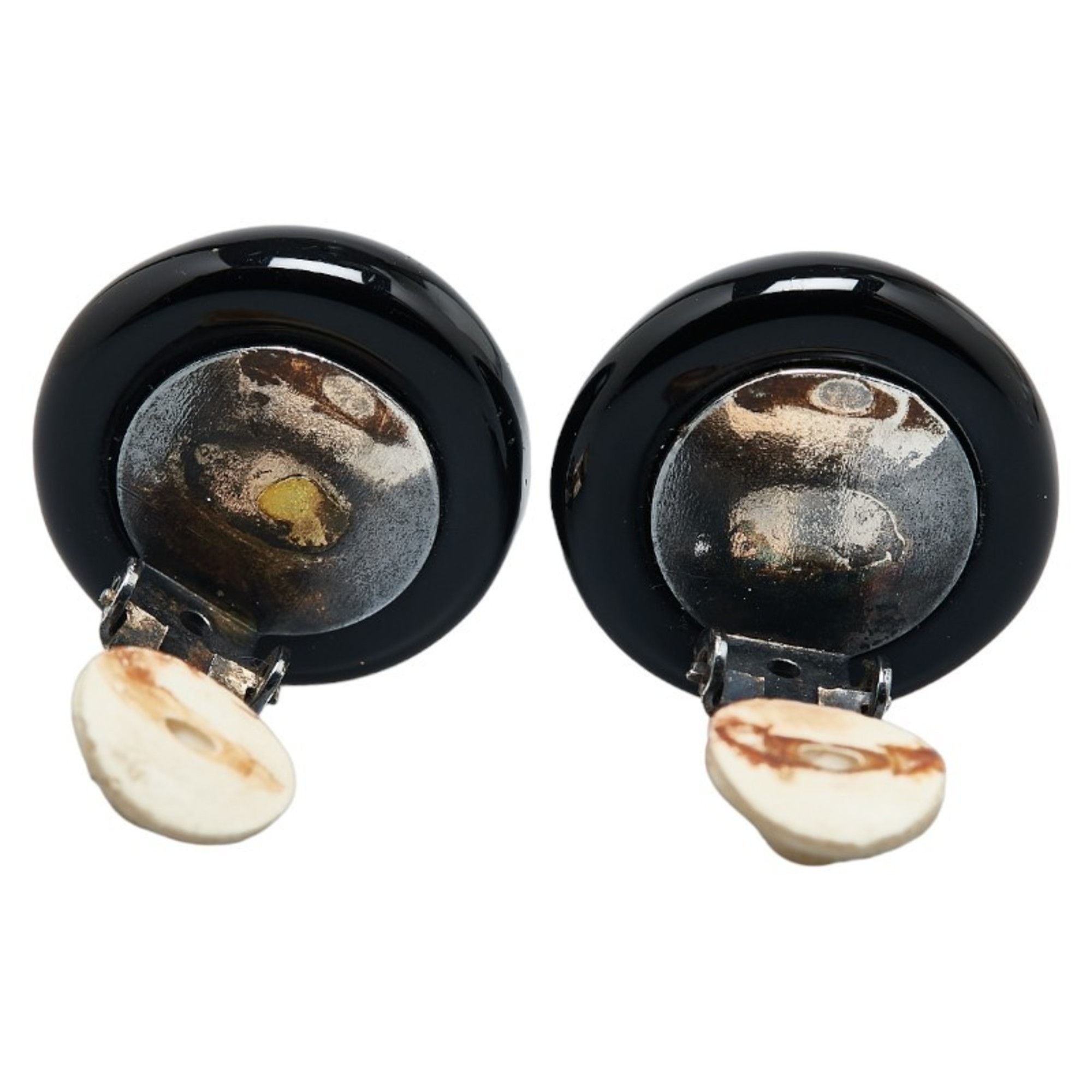 Chanel Coco Mark Round Earrings Black Gold Plastic Women's CHANEL