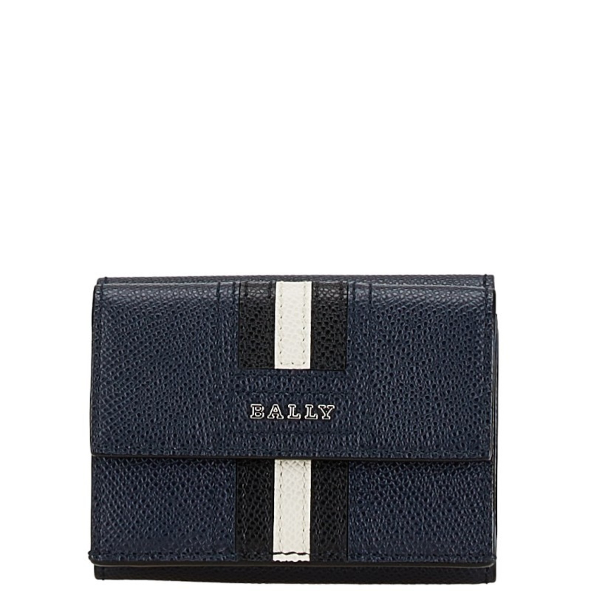 BALLY Tri-fold Compact Wallet Navy Black White Leather Men's