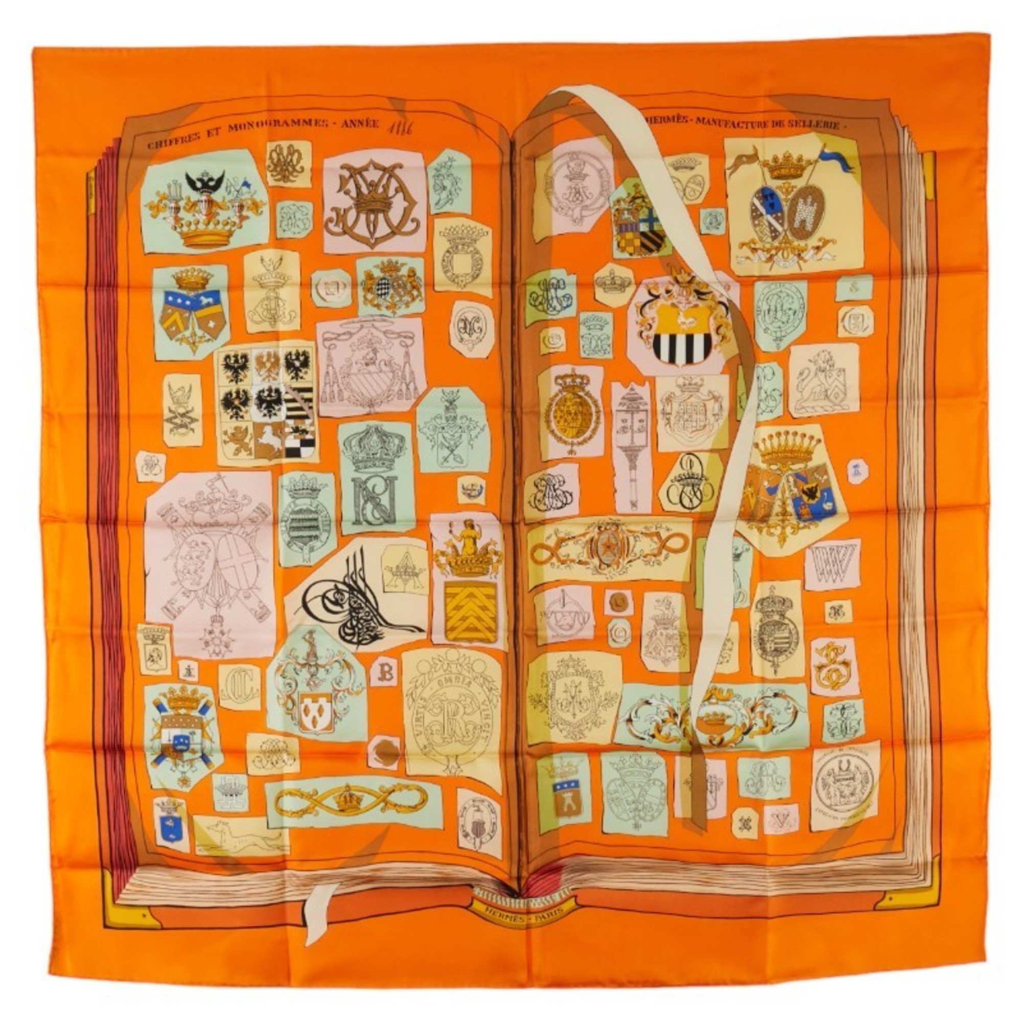 Hermes Carré 90 CHIFFRES ET MONOGRAMMES-ANNEE 1886 Drawings and symbols scarf muffler orange multicolor silk women's HERMES