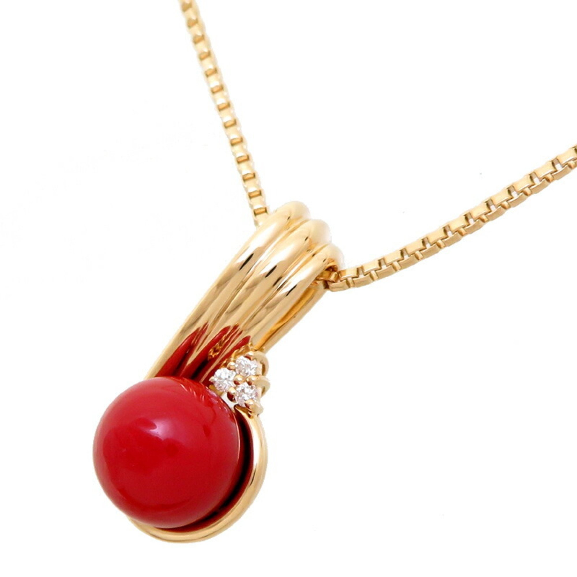 POLA K18 0.04ct Diamond Red Coral Ladies Necklace Yellow Gold