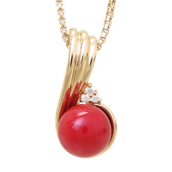 POLA K18 0.04ct Diamond Red Coral Ladies Necklace Yellow Gold