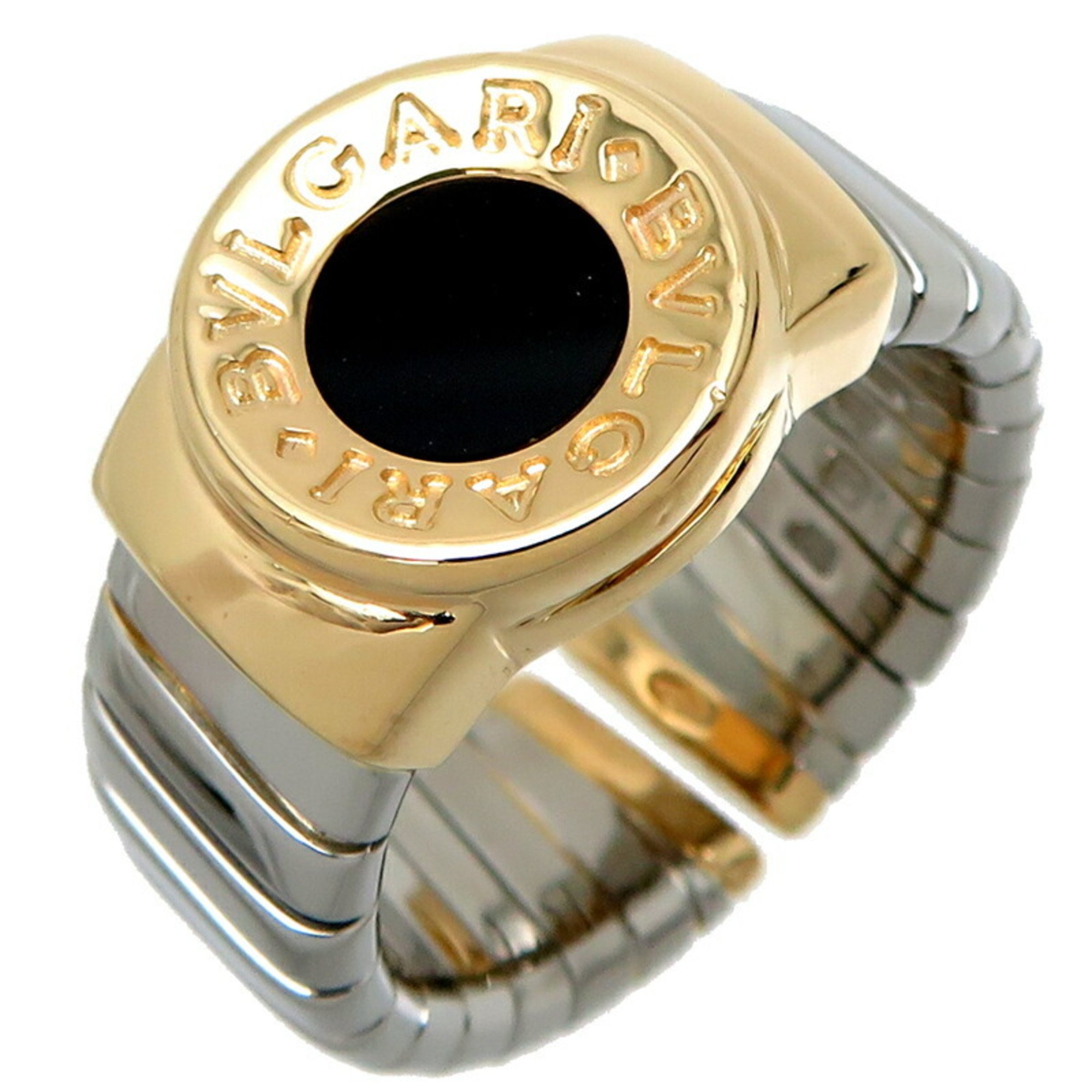 Bvlgari #M Tubogas Onyx Men's Ring 750 Yellow Gold Size 17.5