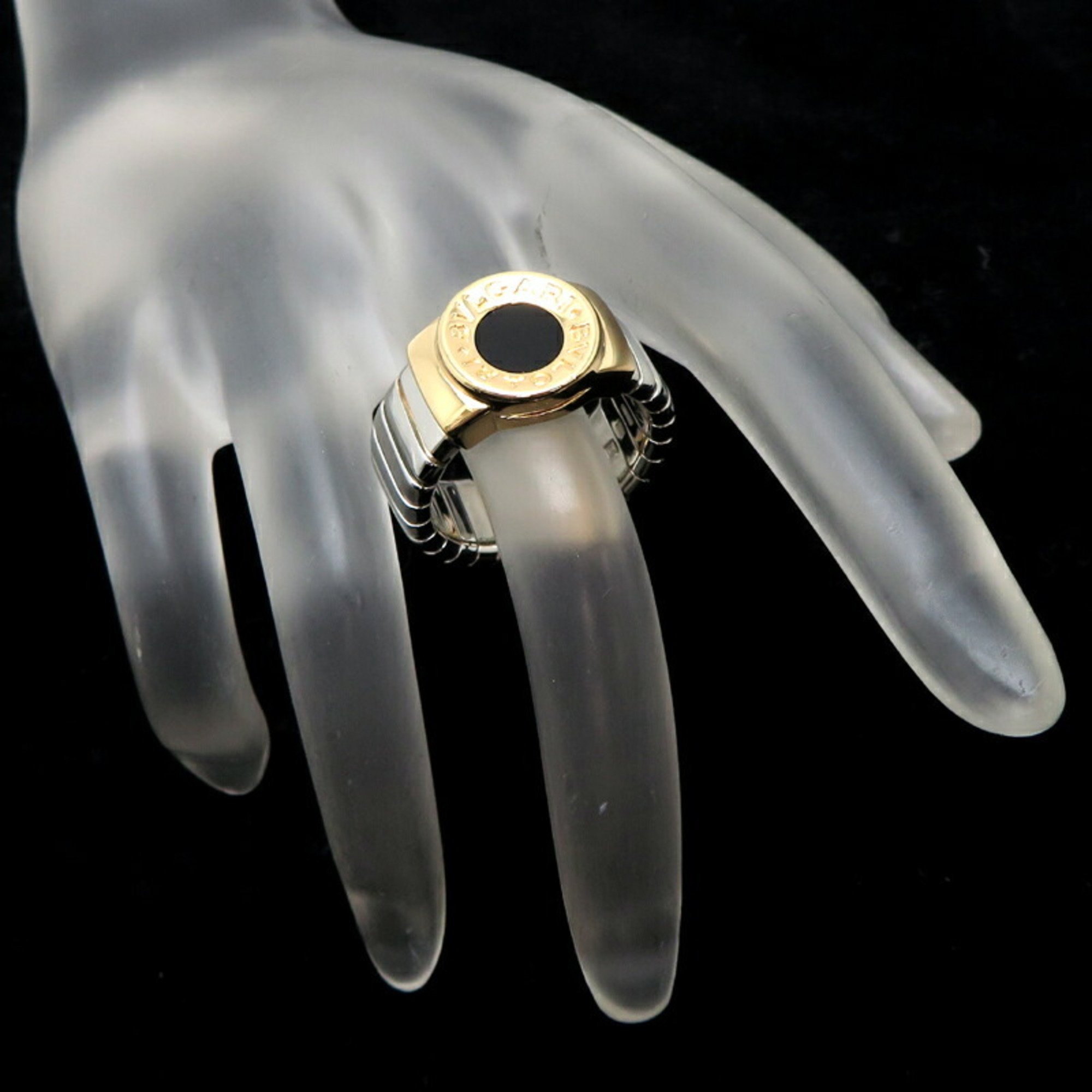 Bvlgari #M Tubogas Onyx Men's Ring 750 Yellow Gold Size 17.5