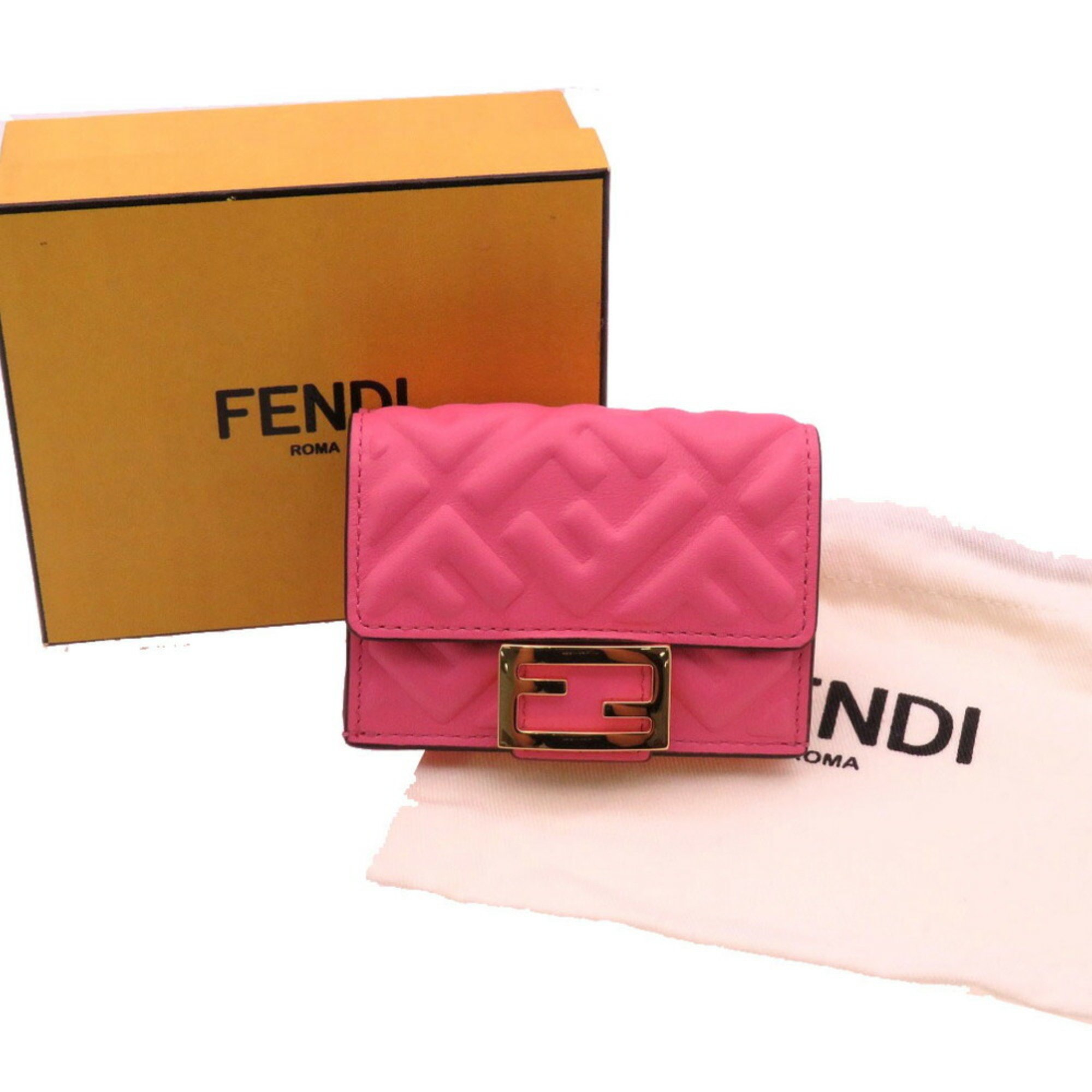 Fendi Baguette Micro Zucca 8M0395 Tri-fold Wallet Leather Pink Gold 2304FENDI