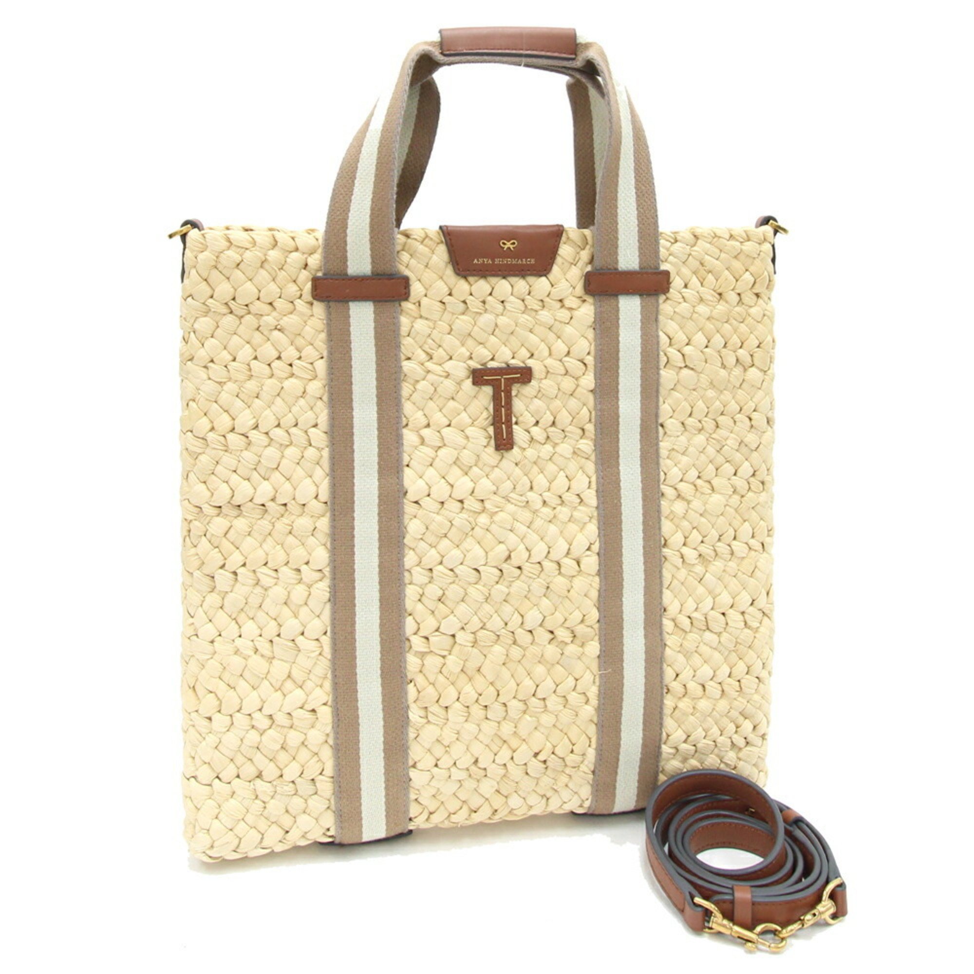 Anya Hindmarch Handbag Wilton Tote Basket Small 5050925156479 Natural Brown Raffia Leather Shoulder Bag Stripe Women's ANYA HINDMARCH