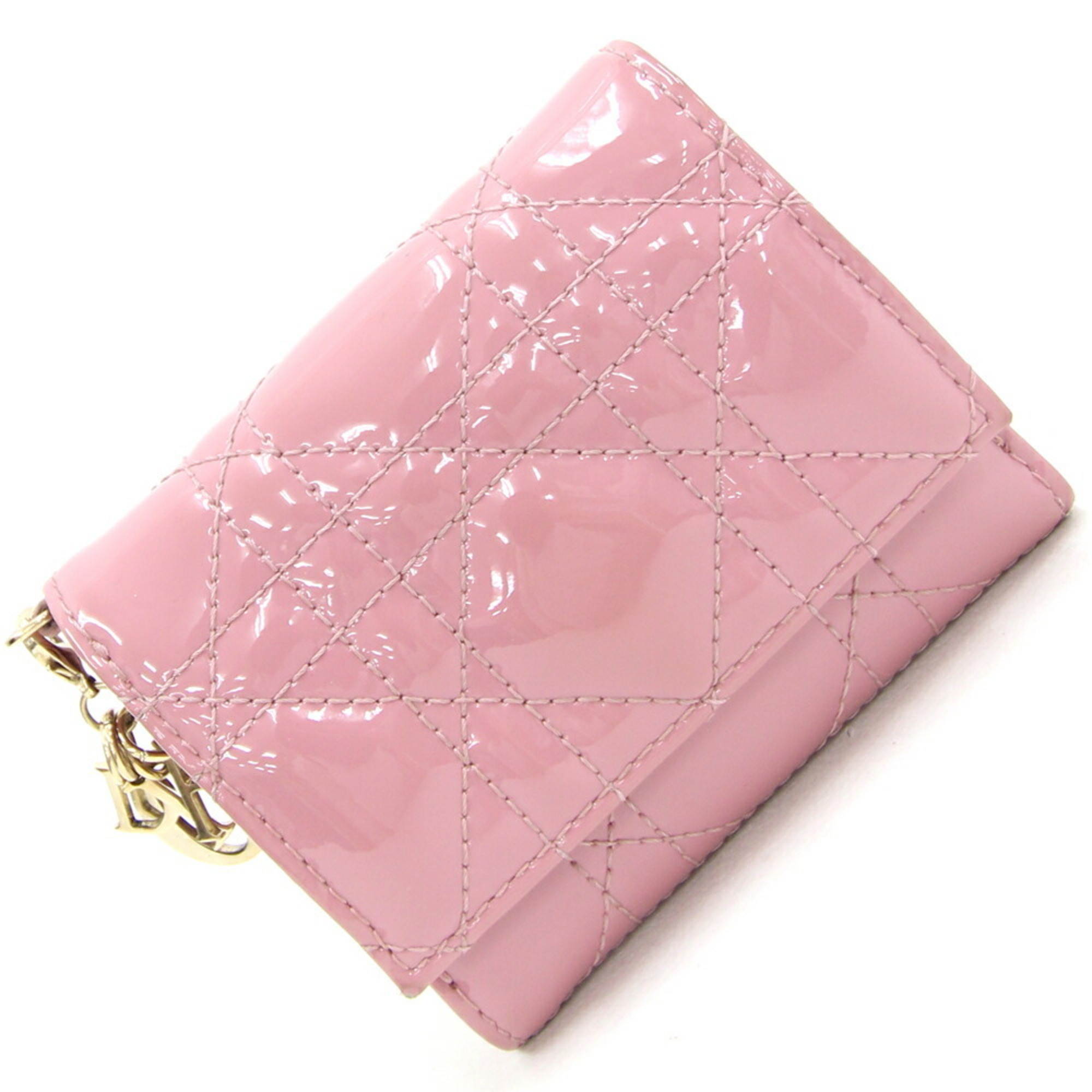 Christian Dior Dior Tri-fold Wallet Lady Lotus S0181OVRB Pink Cannage Patent Calfskin Compact Enamel Small Women's Christian