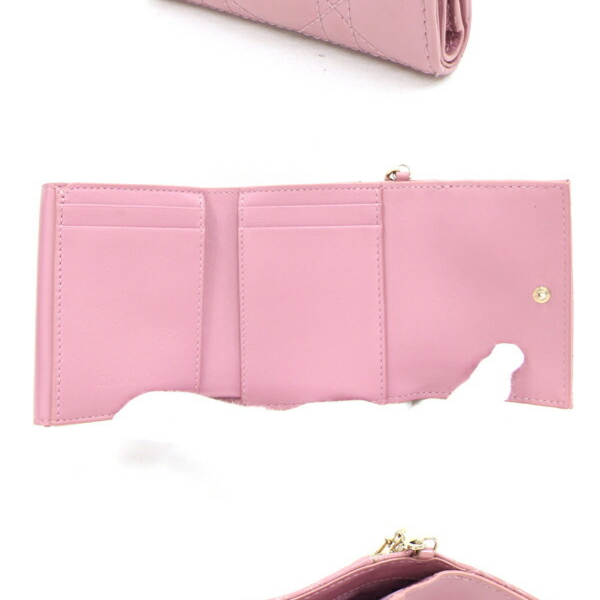 Christian Dior Dior Tri-fold Wallet Lady Lotus S0181OVRB Pink Cannage Patent Calfskin Compact Enamel Small Women's Christian