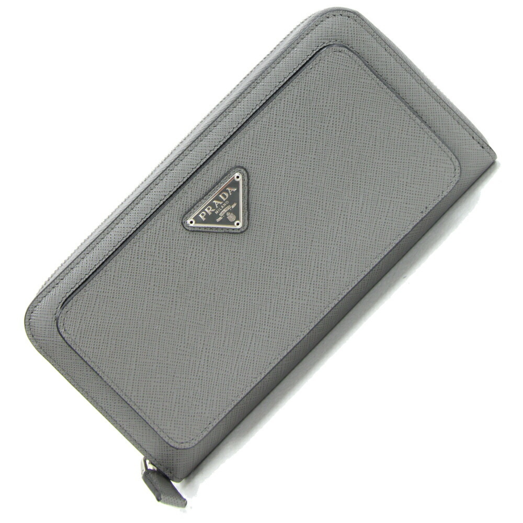 Prada Round Long Wallet 2ML032 Grey Leather Triangle Men's Women's PRADA