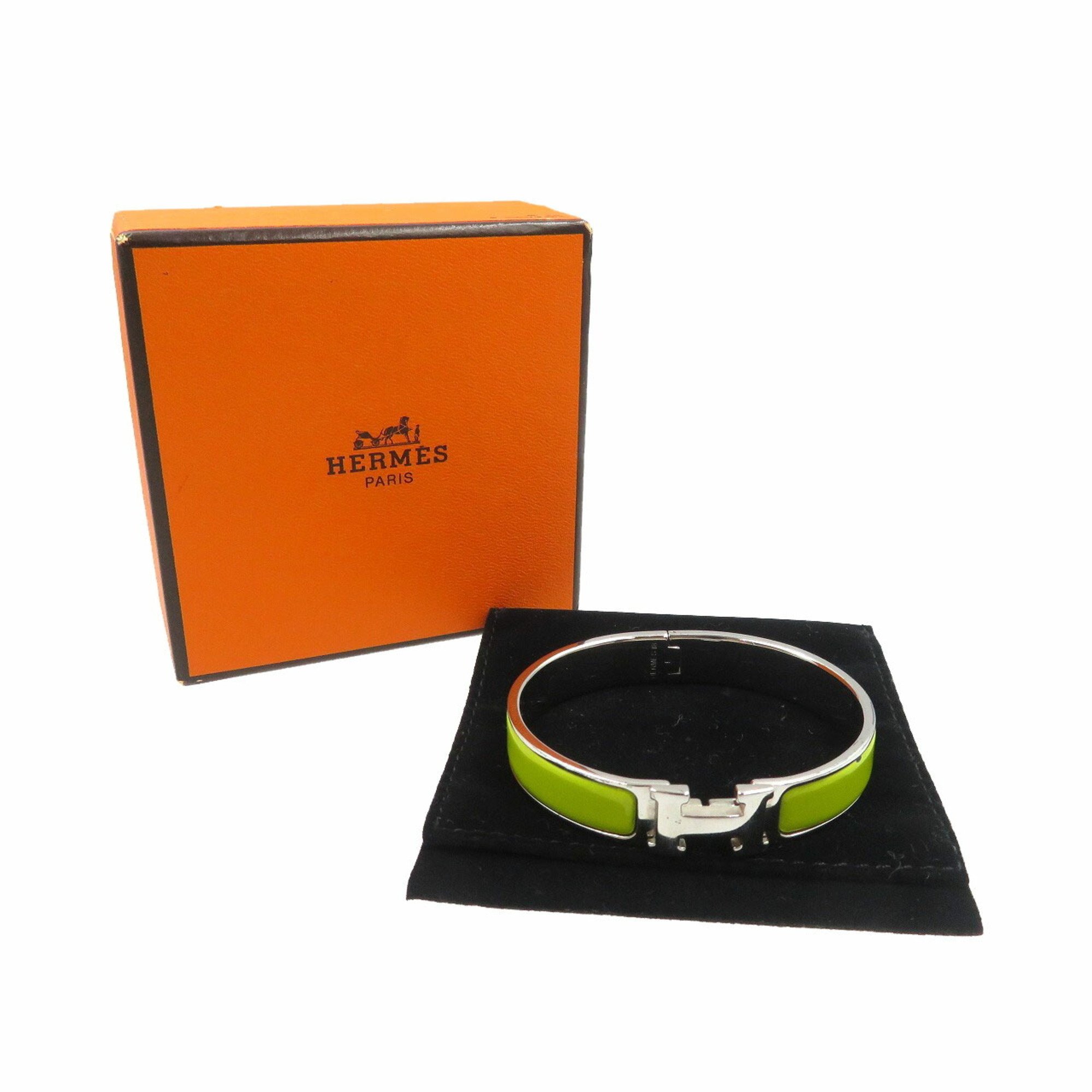 Hermes Click-Clack Metal Enamel Green Silver Bangle 0962HERMES