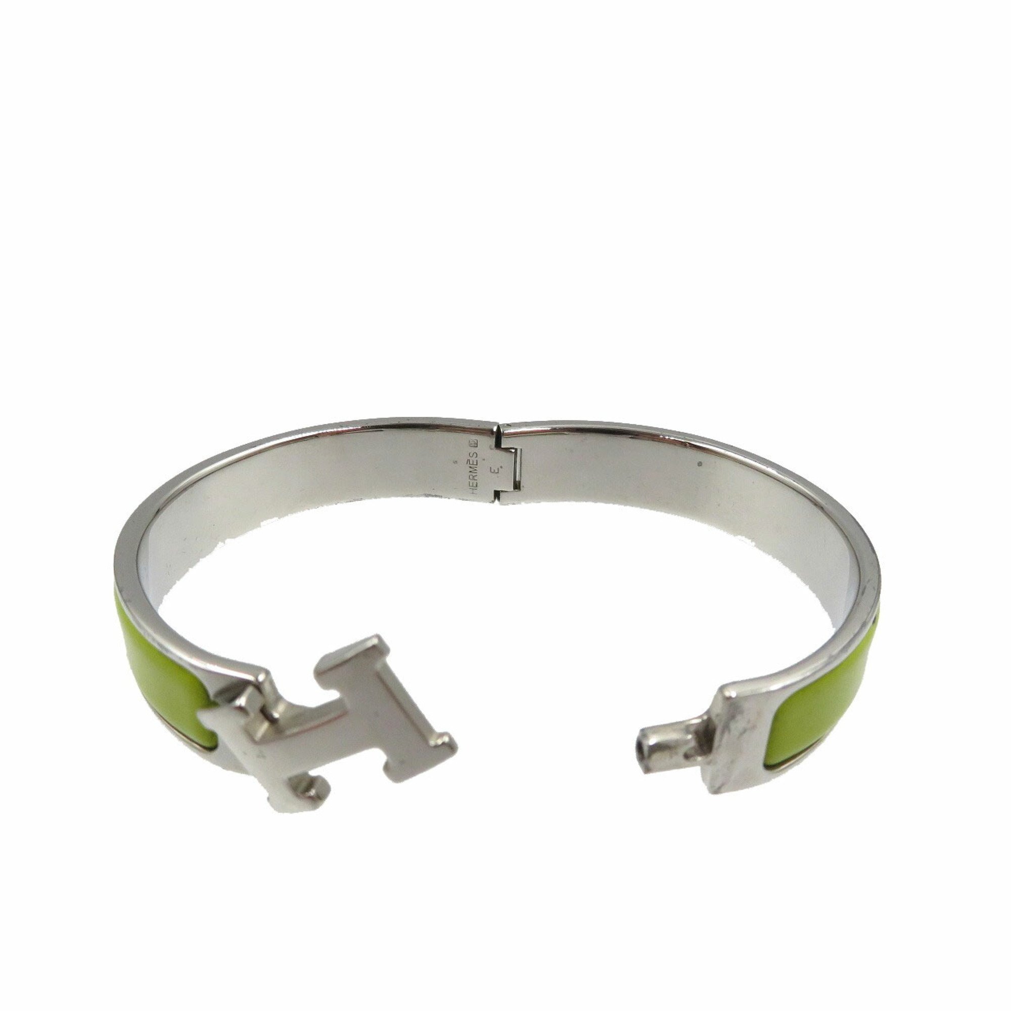 Hermes Click-Clack Metal Enamel Green Silver Bangle 0962HERMES