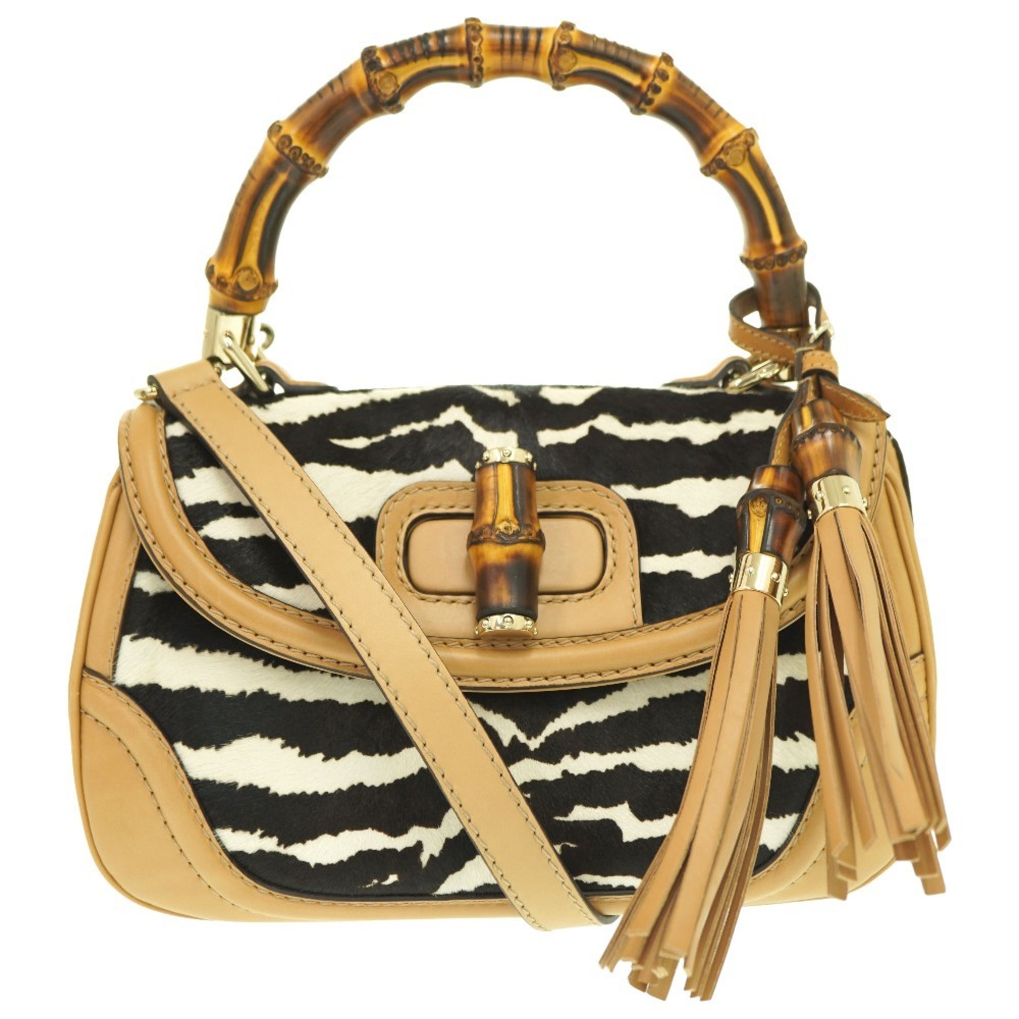 Gucci New Bamboo Pony/Leather Shoulder Handbag Zebra Pattern 254884 with Strap 0857GUCCI