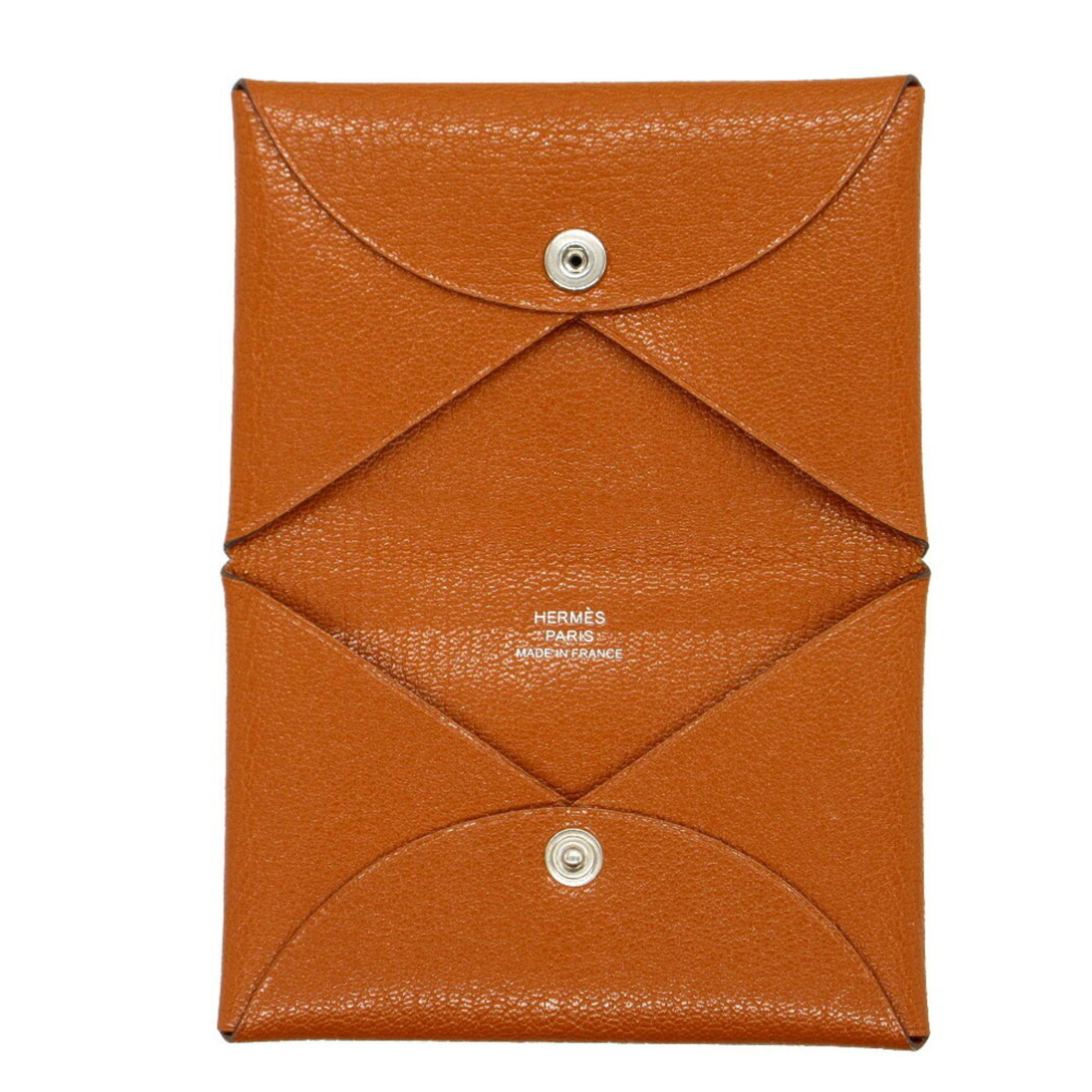 Hermes Calvi Chevre Brown Y Stamp () Card Case 1216 HERMES