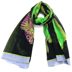 Hermes scarf muffler black green grey 100% cotton chiffon large stole fish pattern women's HERMES