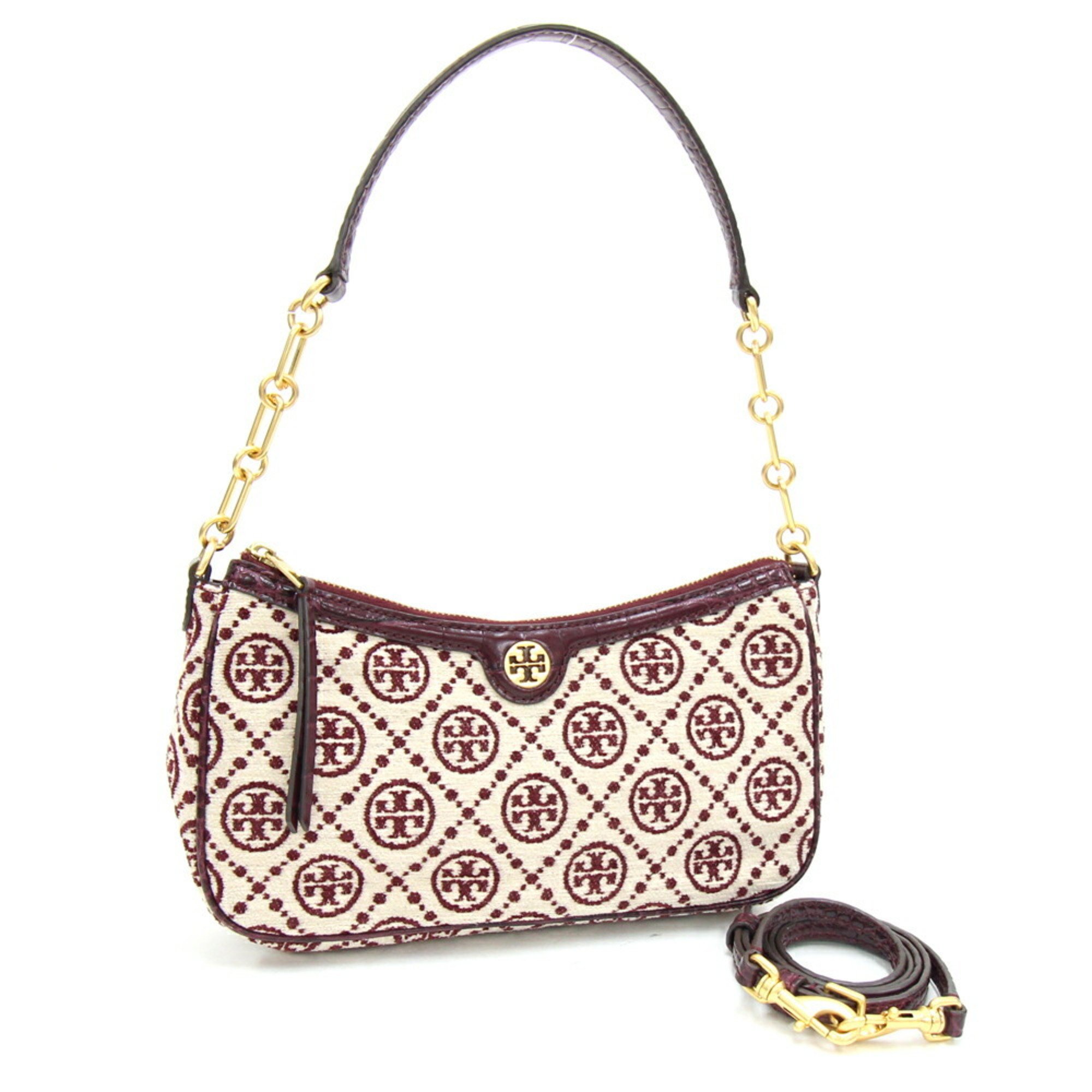 TORY BURCH Bag Chenille Studio Ivory Bordeaux Fabric Leather Pouch Women's