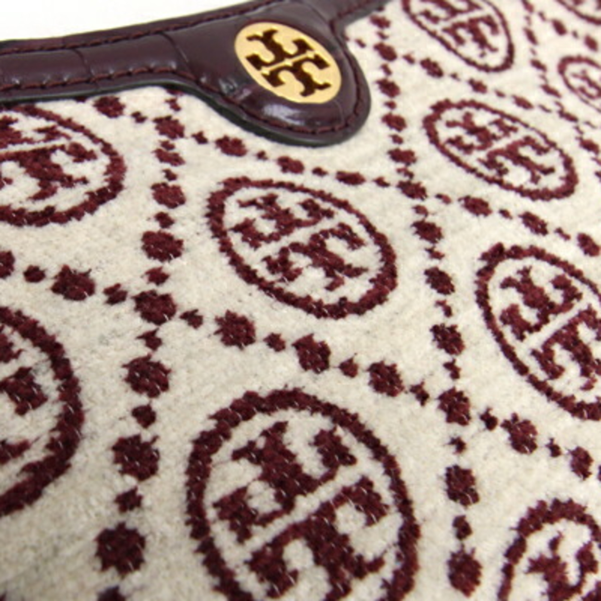 TORY BURCH Bag Chenille Studio Ivory Bordeaux Fabric Leather Pouch Women's