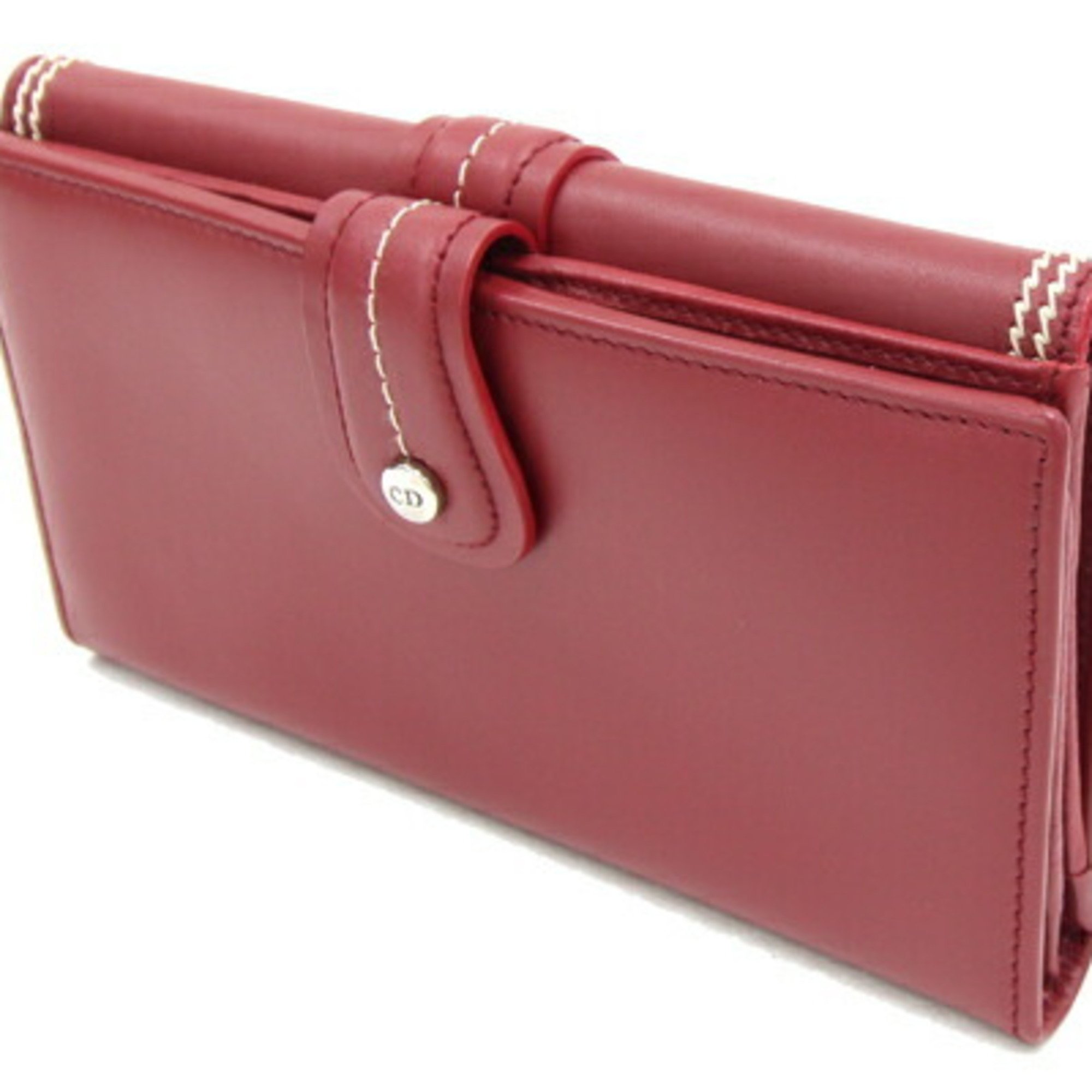 Christian Dior Dior Bi-fold Long Wallet Red Leather D Charm Women's Christian