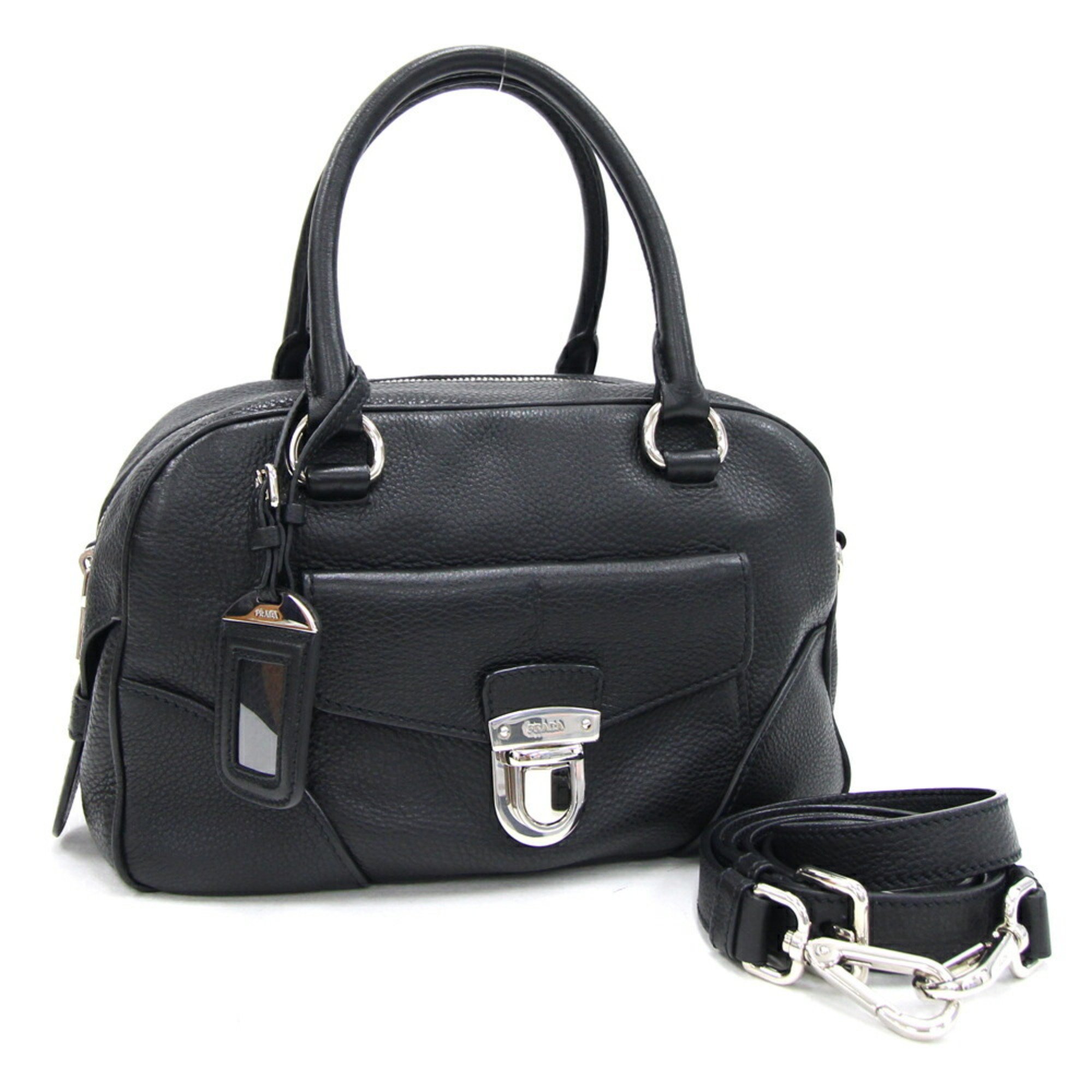 Prada Handbag 1BB006 Black Leather Shoulder Strap Boston Women's PRADA