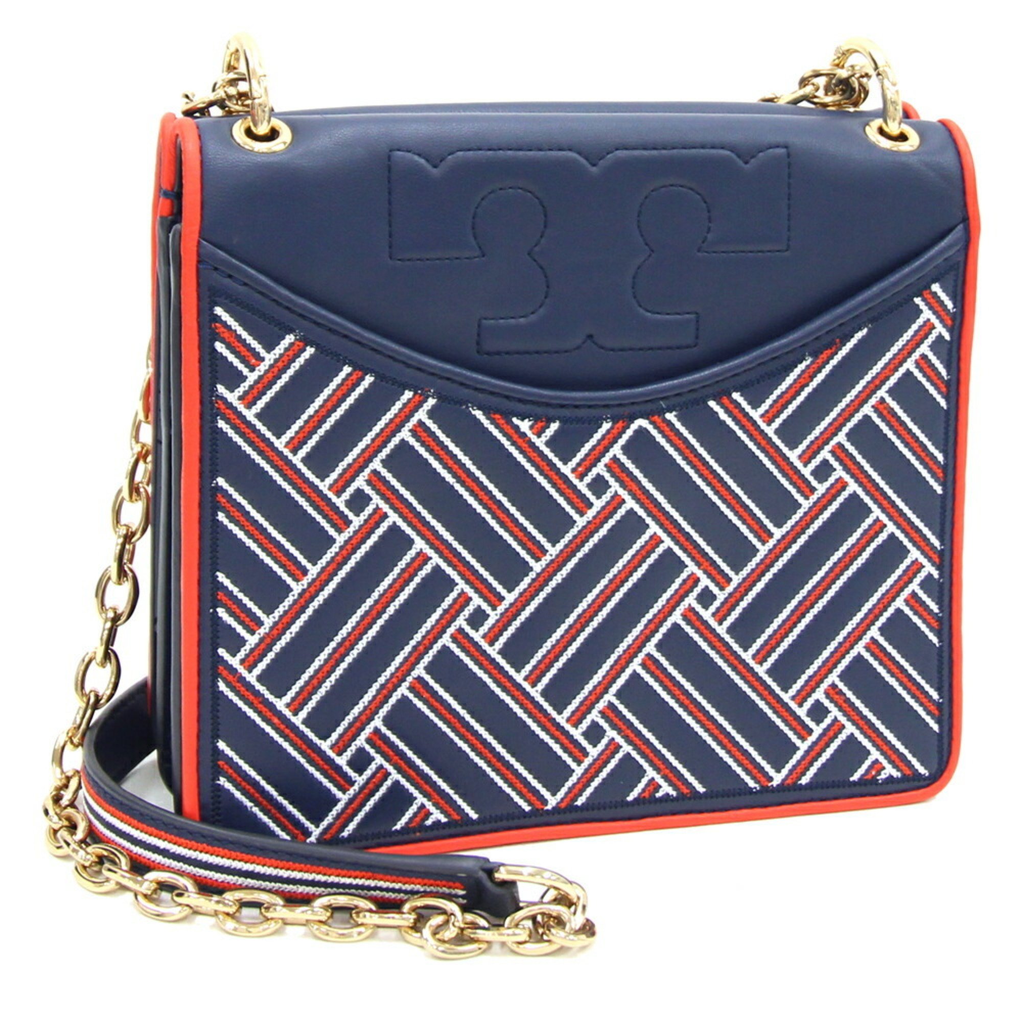 Tory Burch Shoulder Bag Navy Red White Leather Chain Women's TORY BURCH