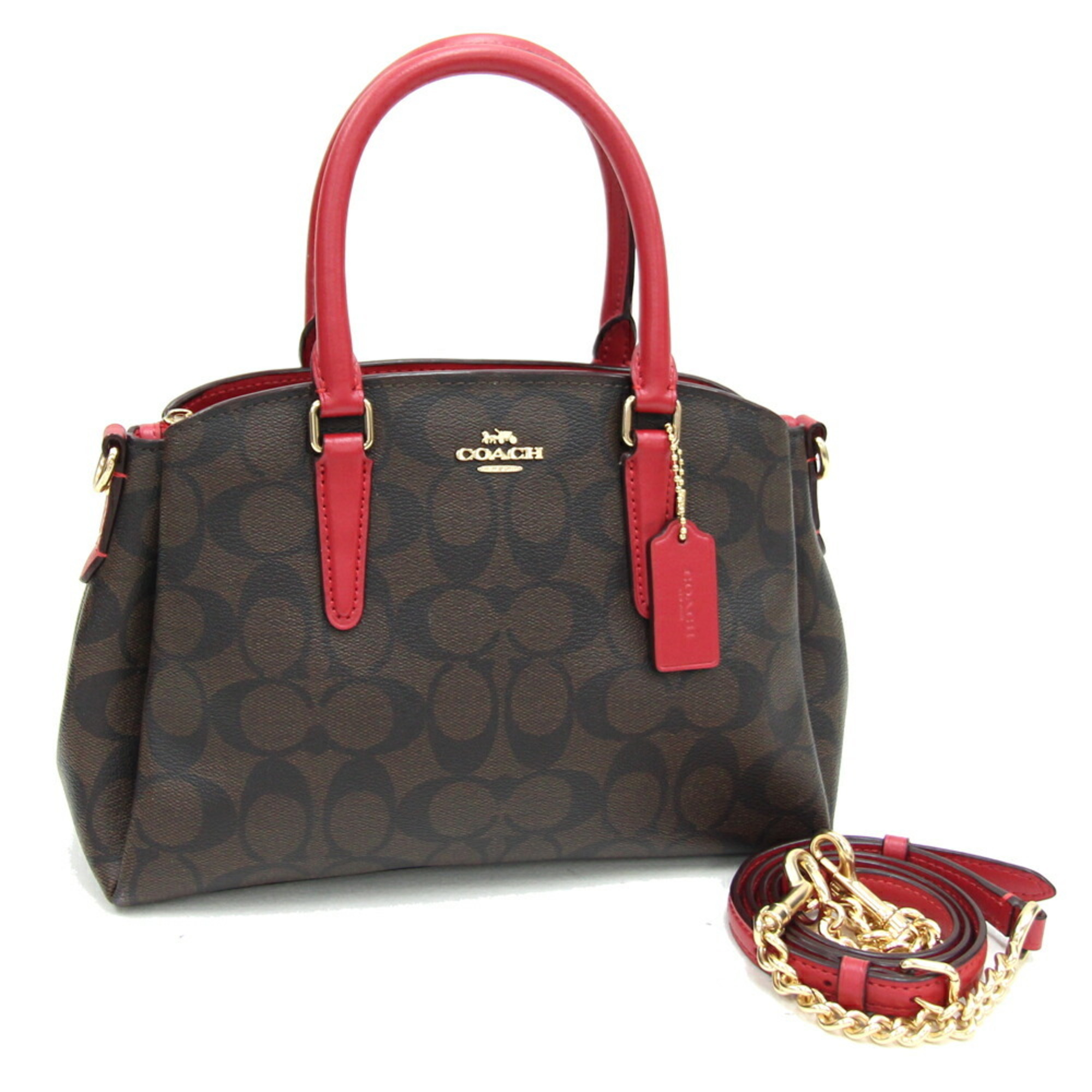 Coach Handbag Signature Sage Carryall F29434 Dark Brown Red PVC Leather Shoulder Bag Tote Women's COACH