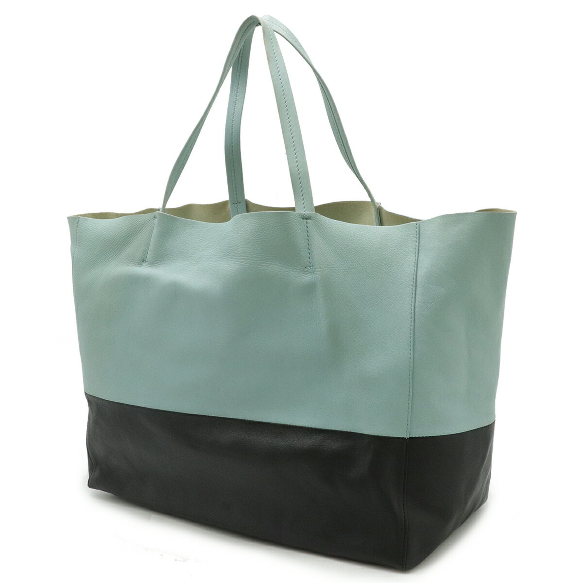 CELINE Horizontal Cabas Tote Bag Large Shoulder Bicolor Calf Leather Black Mint Blue