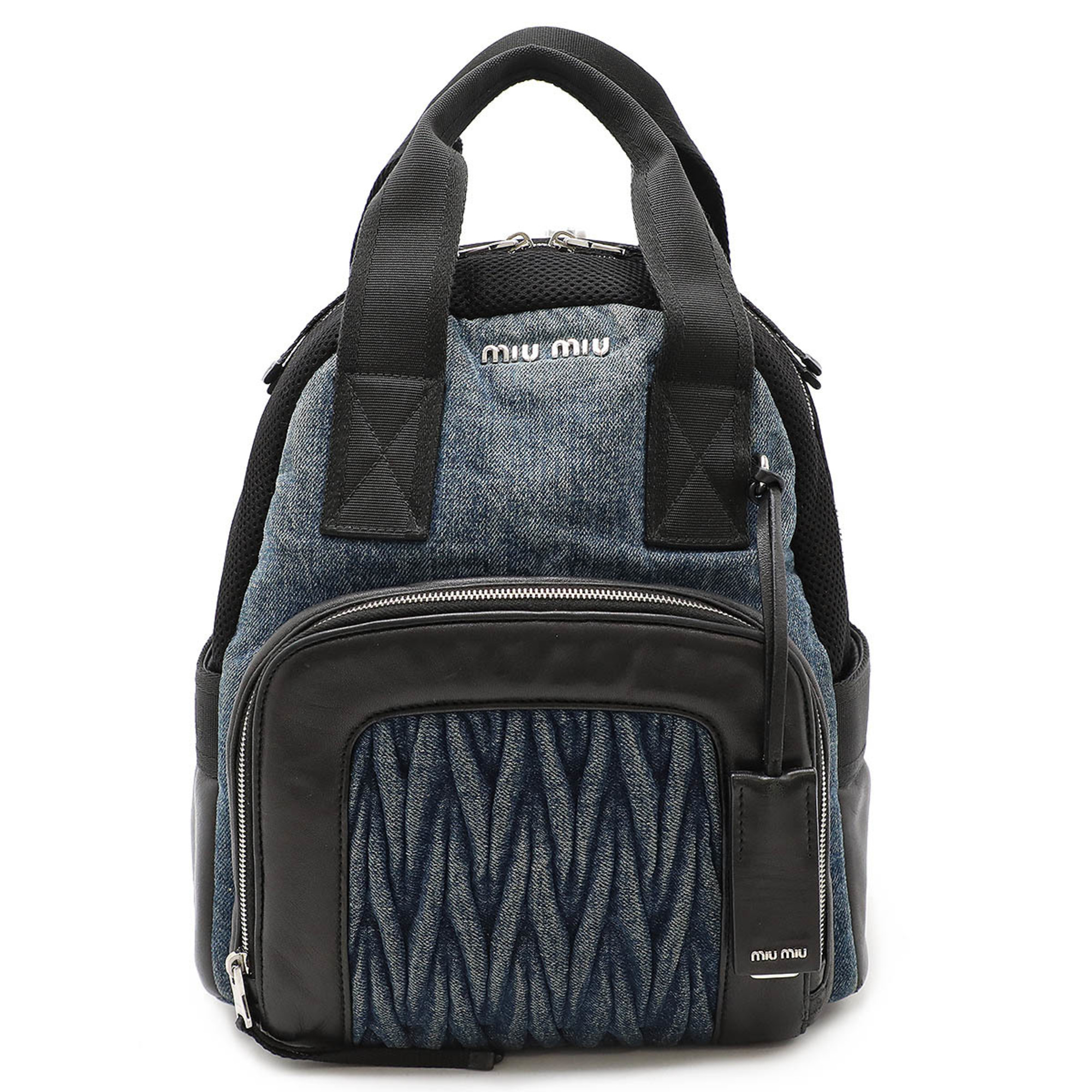 Miu Miu Miu Matelasse Backpack Rucksack Denim Leather Blue Black