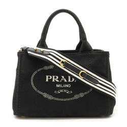 PRADA CANAPA Tote Bag Shoulder Striped Canvas NERO Black 1BG439